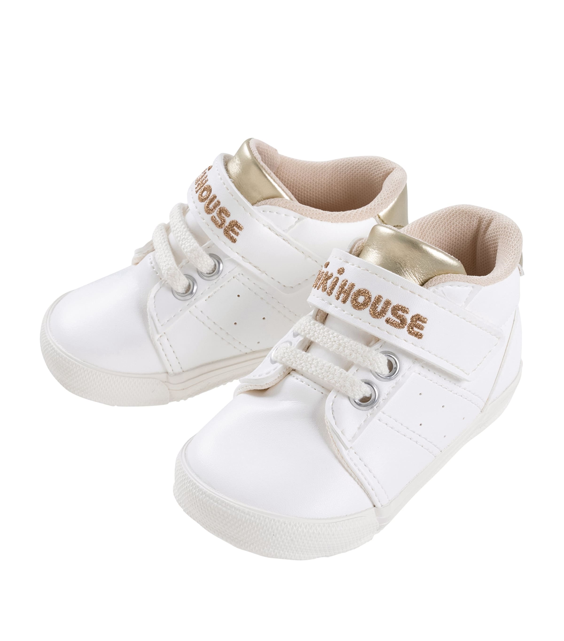 Miki House Leather Logo Strap Sneakers In White
