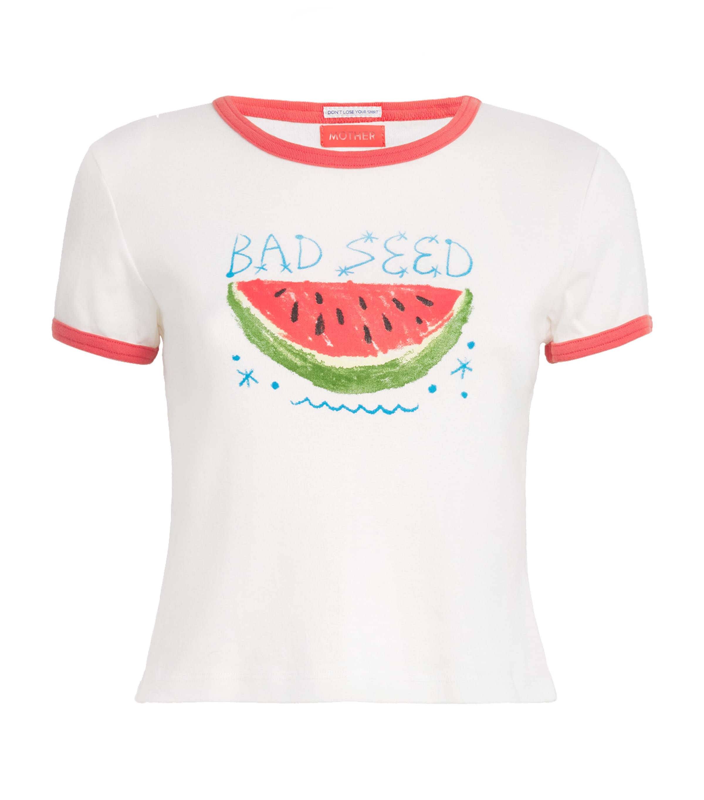 Mother Womens The Itty Bitty Logo-print Short-sleeve Cotton-jersey T-shirt Bad Seed In White