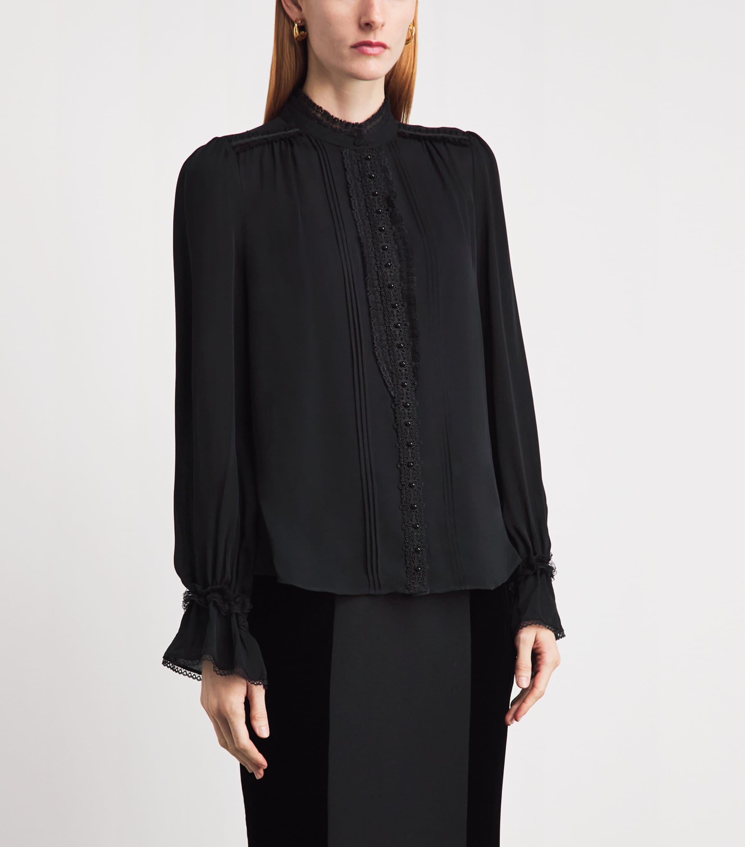 ME+EM Black Silk Lace-Trim Blouse | Harrods UK