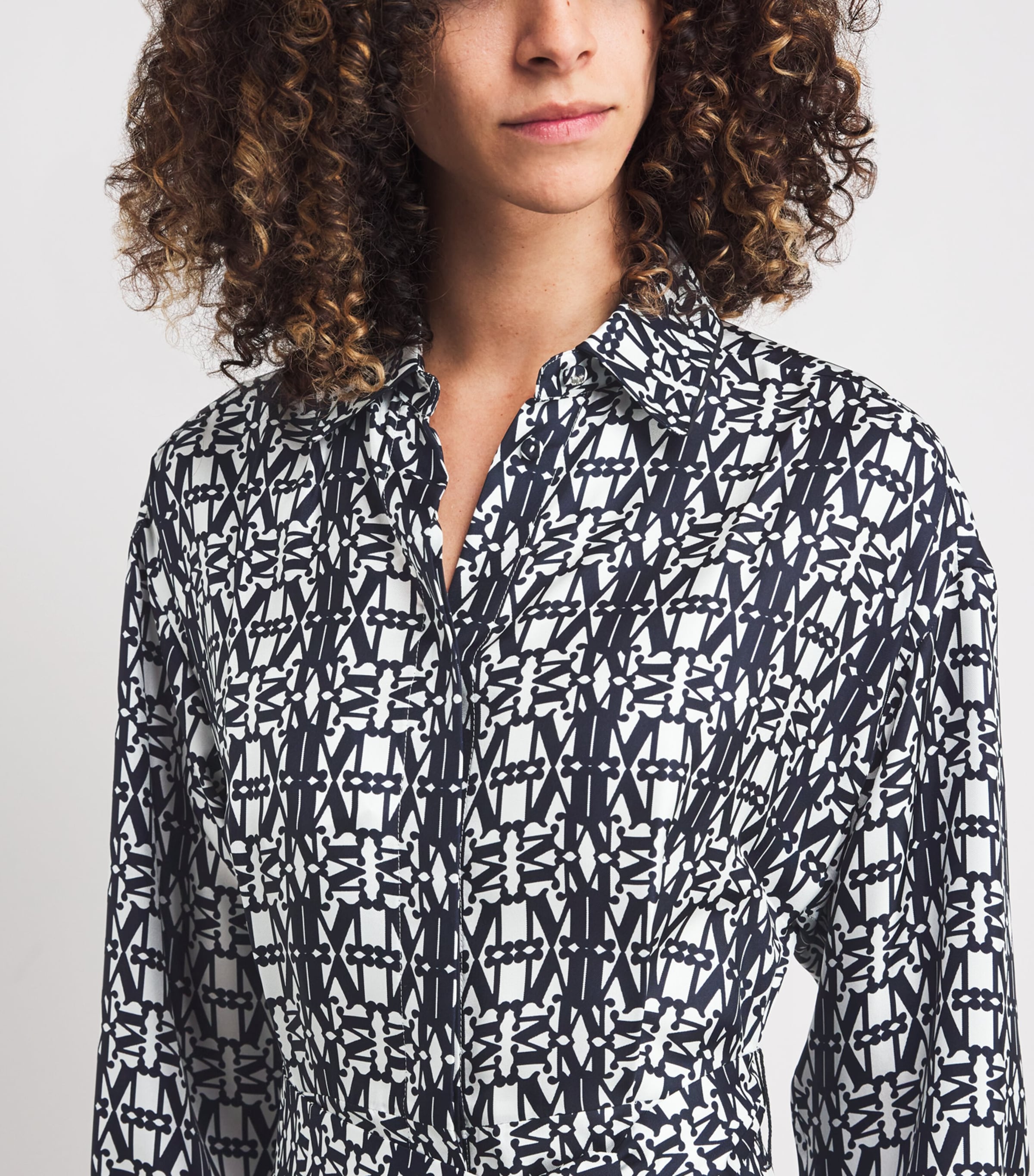 Silk Monogram Midi Shirt Dress WHITE BLUE Image 6