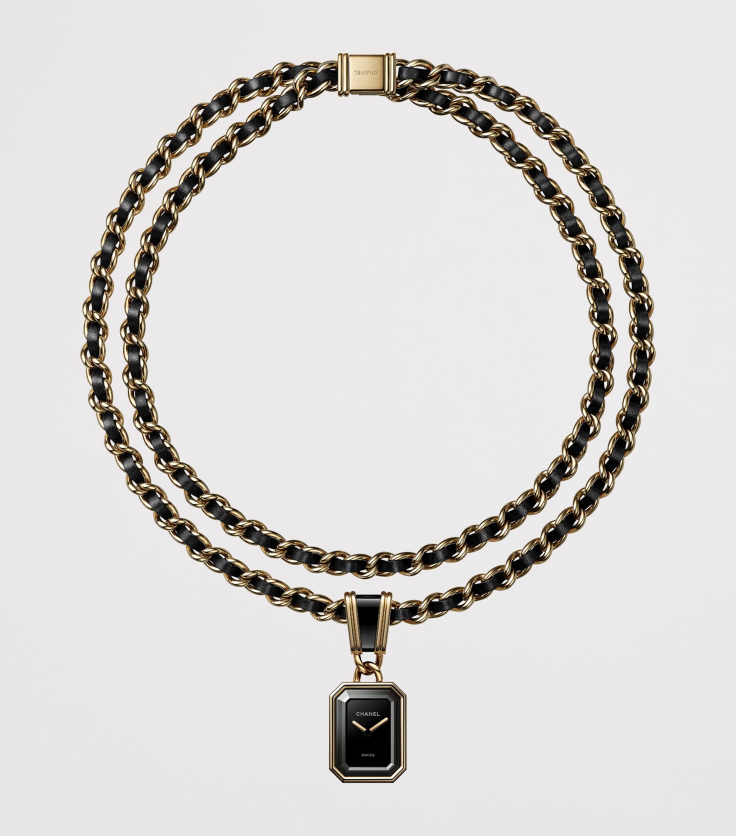 Yellow Gold and Leather Première Iconic Chain Necklace Watch 26.1mm BLACK Image 3