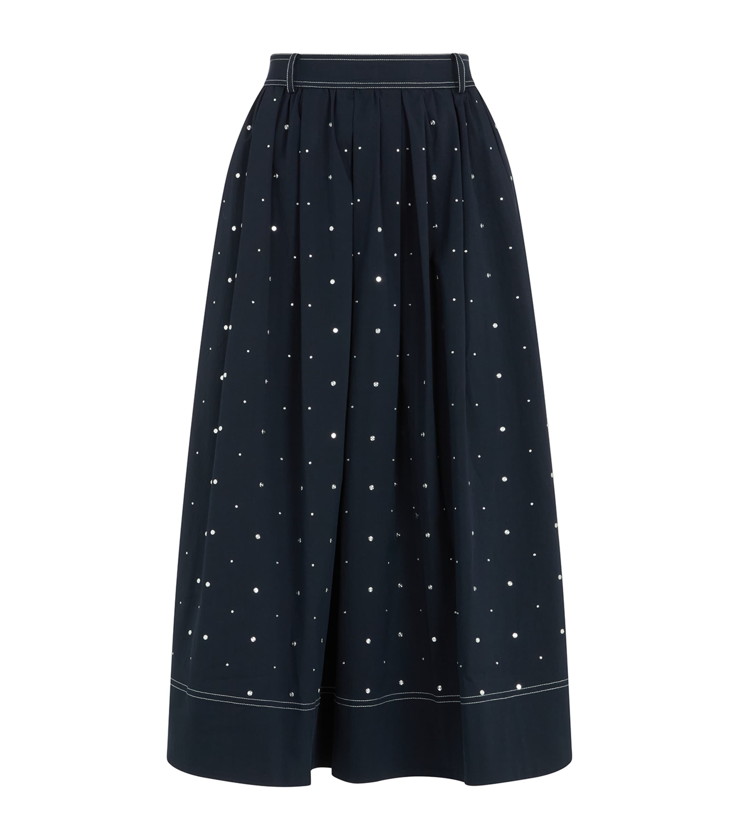 Maje Womens Navy Stud-embellished Contrast-stitching Stretch Cotton-blend Midi Skirt In Blue