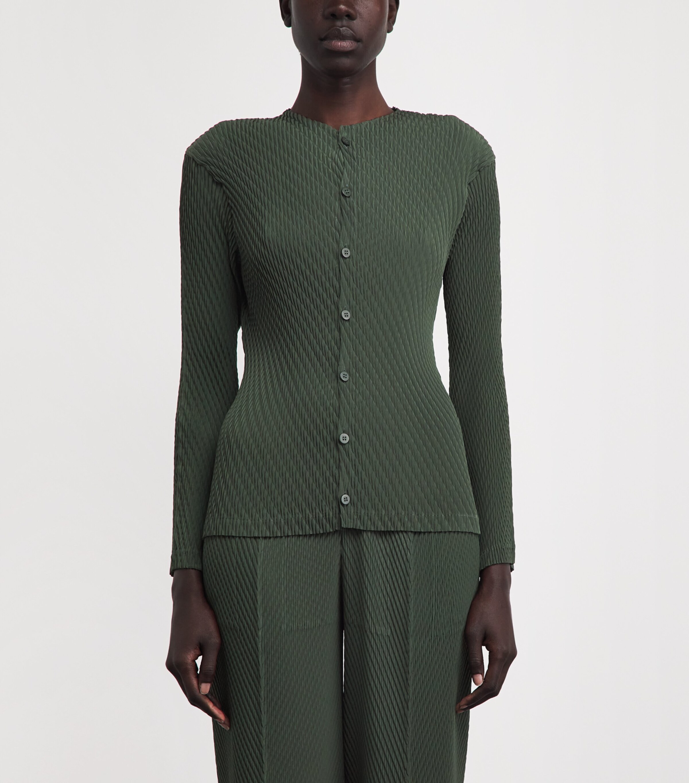 Issey Miyake Womens Rhombus Pleats Cardigan Dark Green Image 4