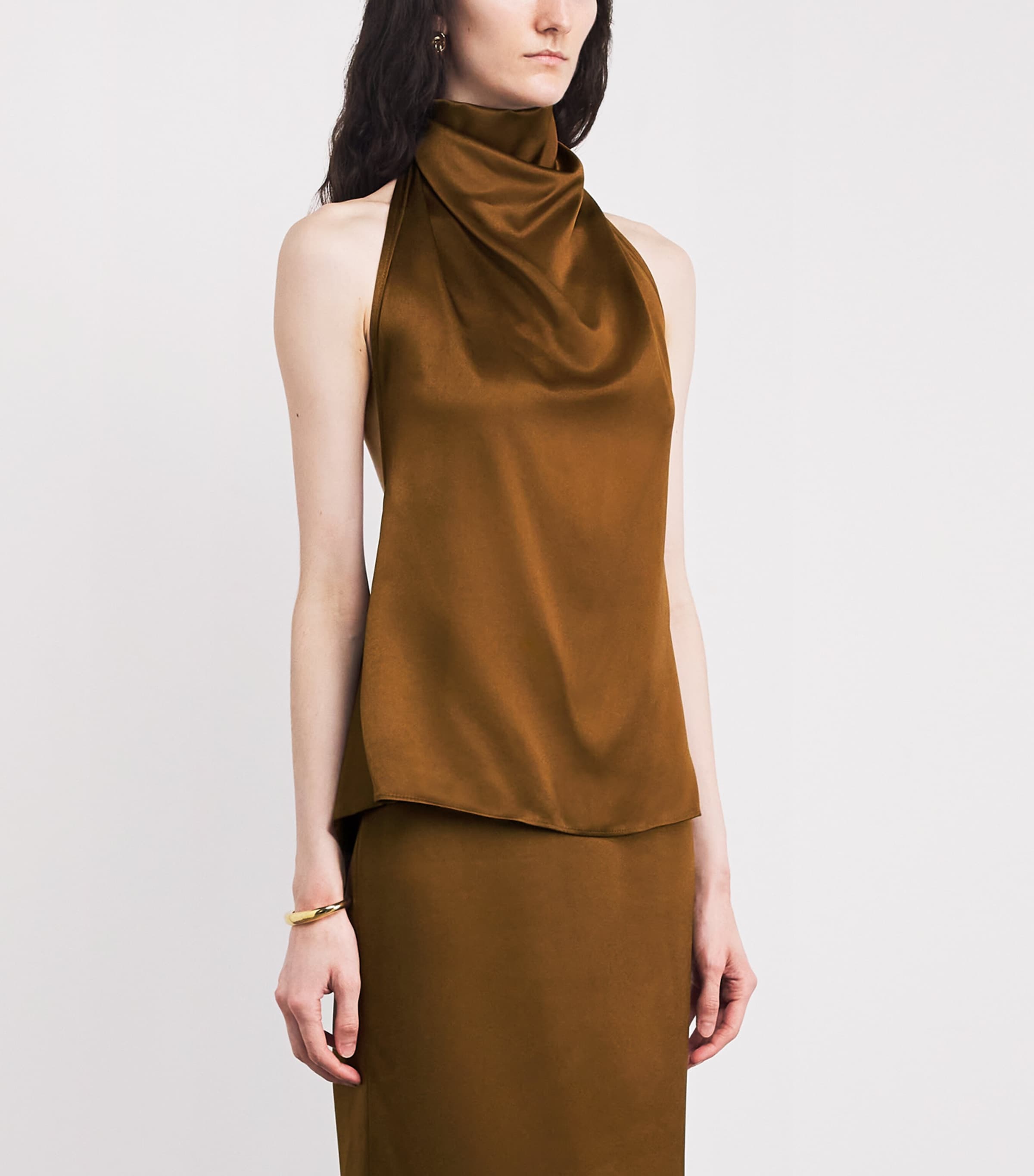 ESSE Studios Womens Satin Halterneck Cartia Top Olive Brass Image 3
