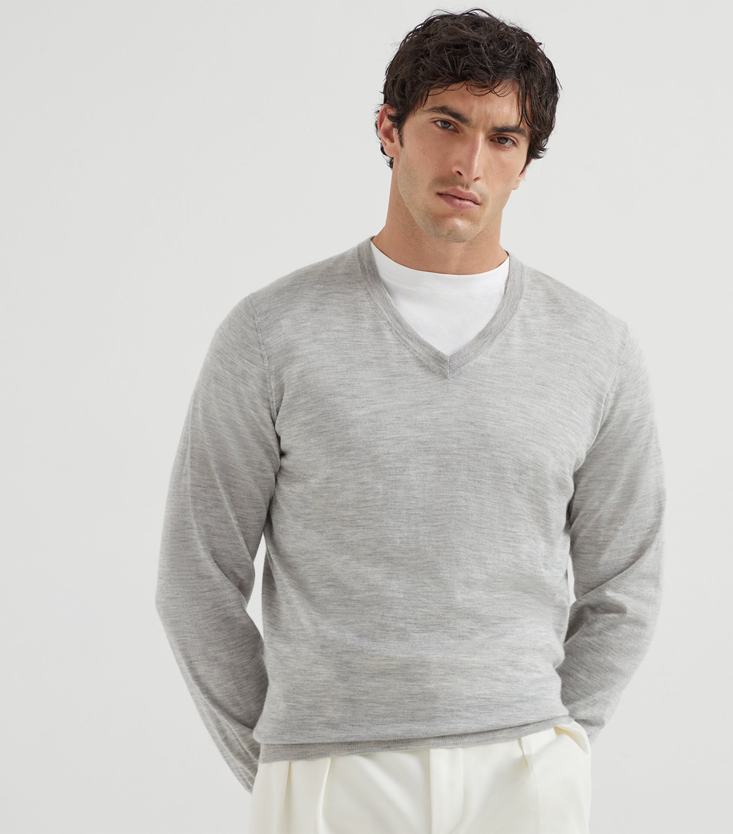 Brunello Cucinelli Grey Cashmere V-Neck Sweater | Harrods US