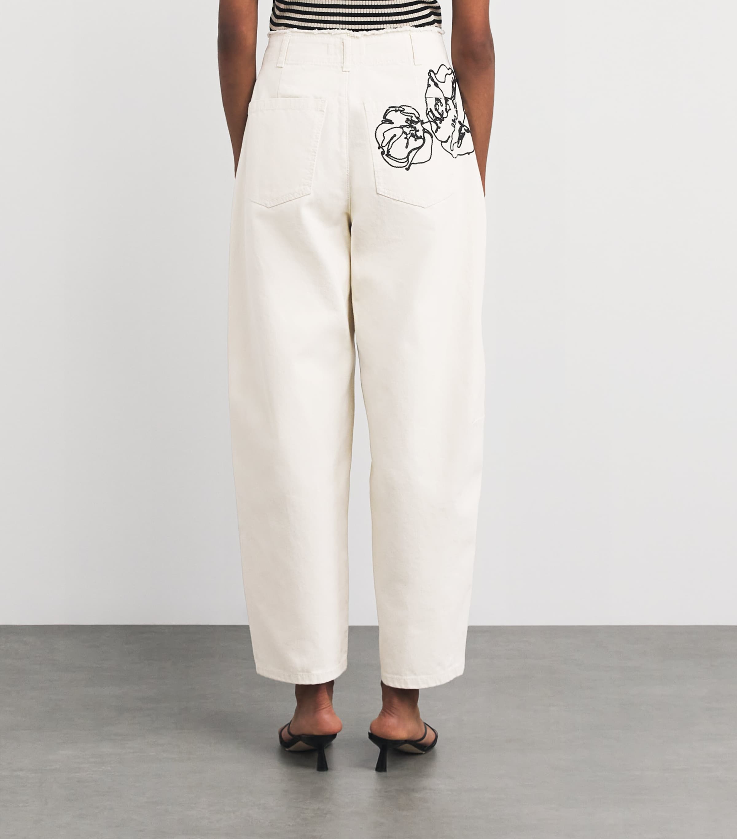 Embroidered Barrel-Leg Trousers CREAM Image 4