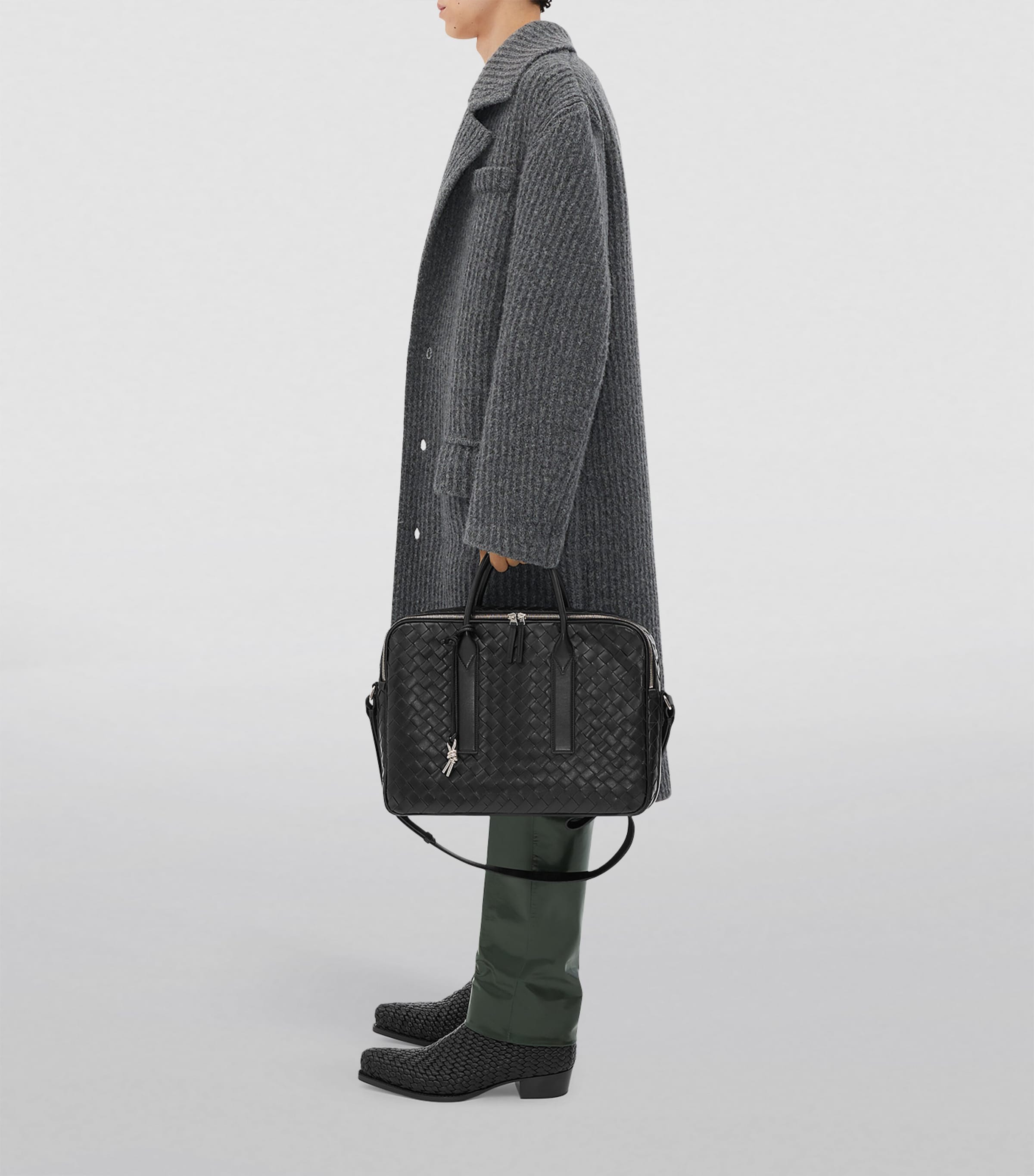 Leather Intrecciato Briefcase BLACK-SILVER Image 3