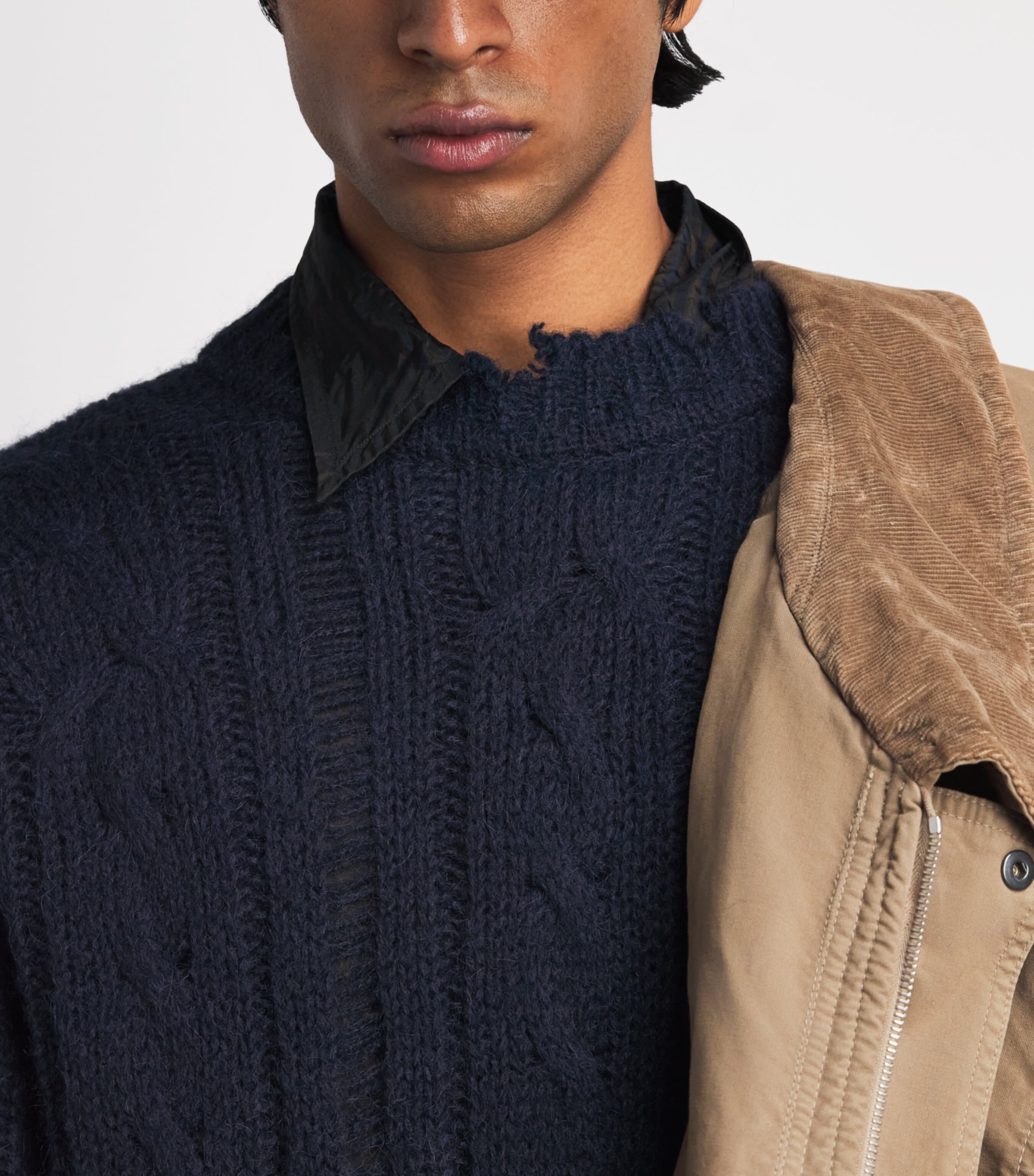 System Mens Cable-Knit Distressed Sweater Dark Navy Image 3