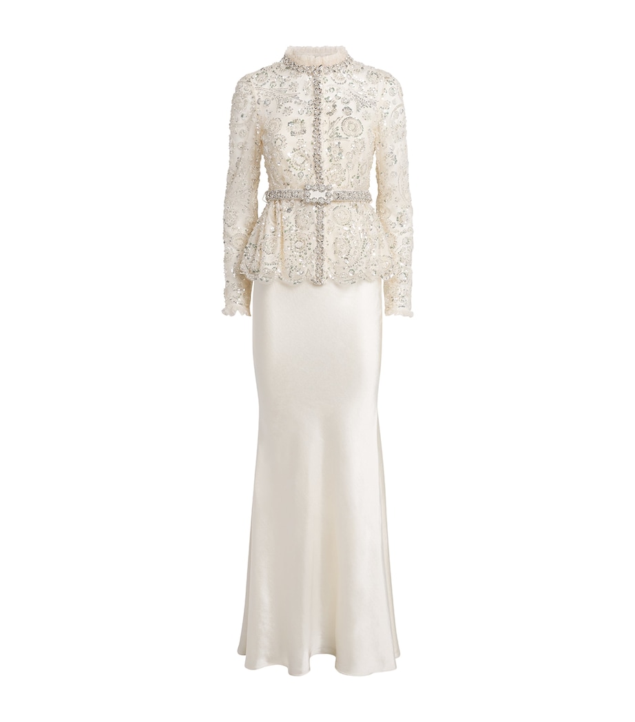 Self-Portrait Womens Satin Sequin-Embellished Gown Cream Image 1