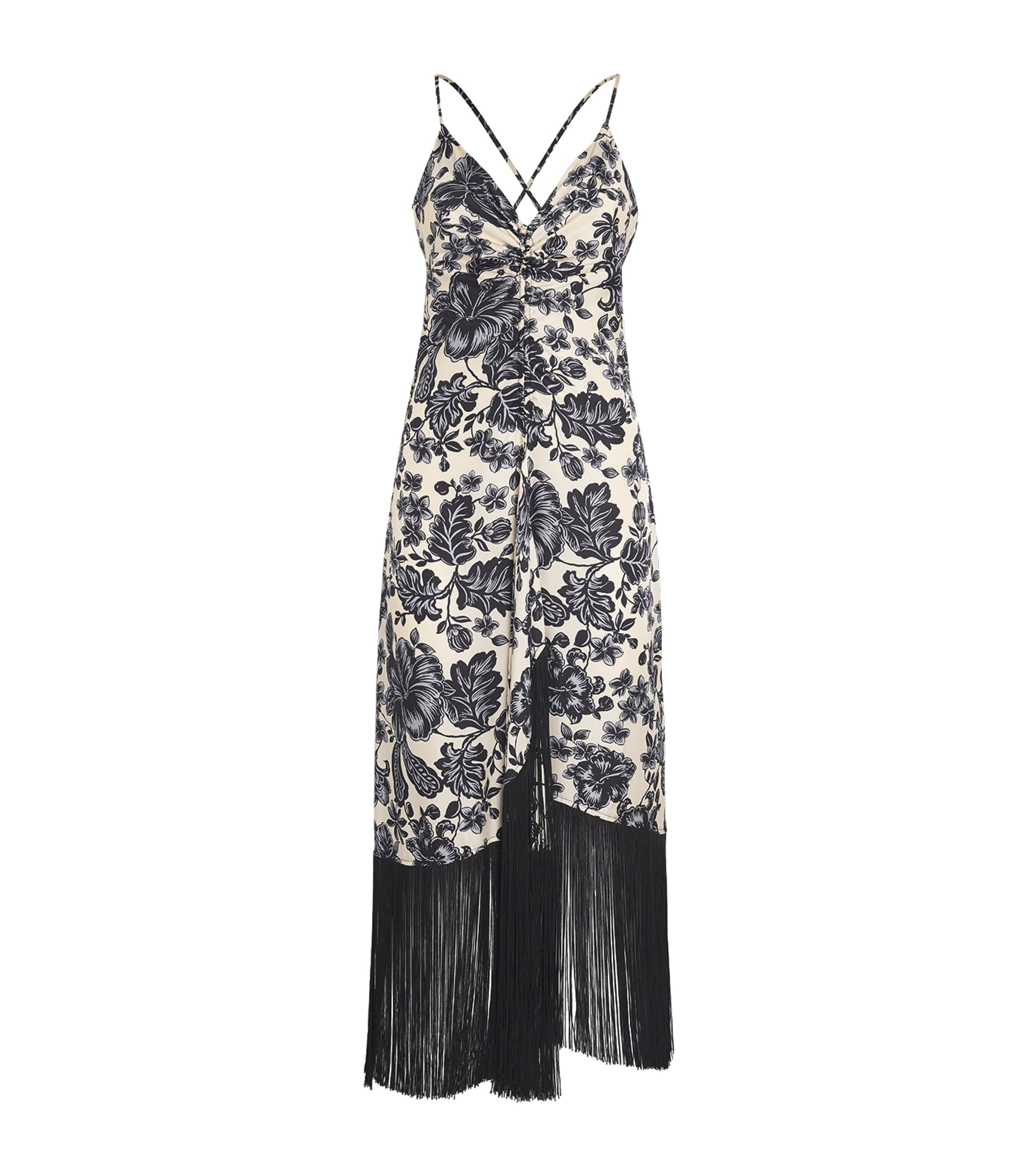 Sandro Silk Fringed Midi Dress In Beige
