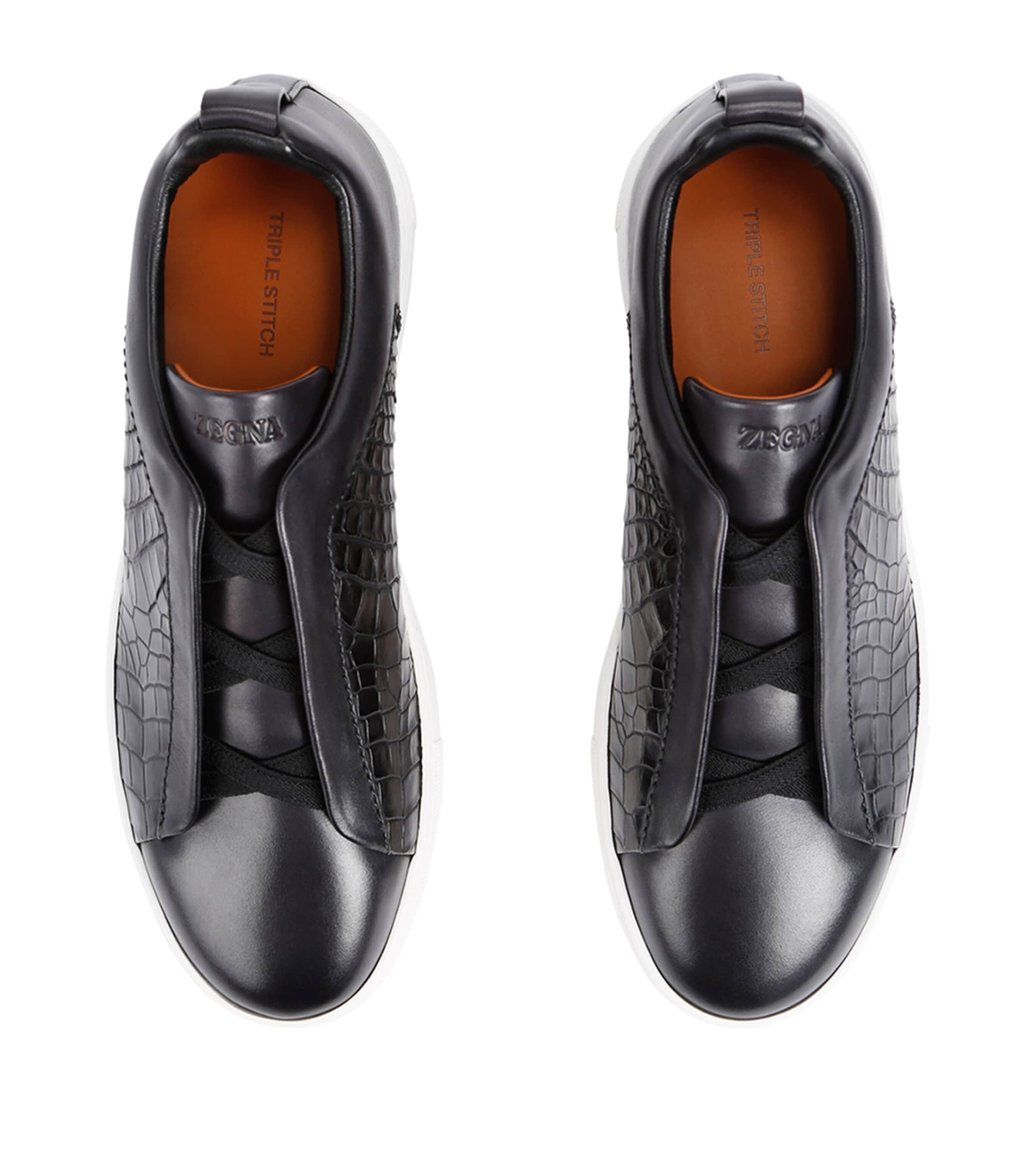 Zegna Crocodile Leather Triple Stitch Sneakers Blk/white Image 4