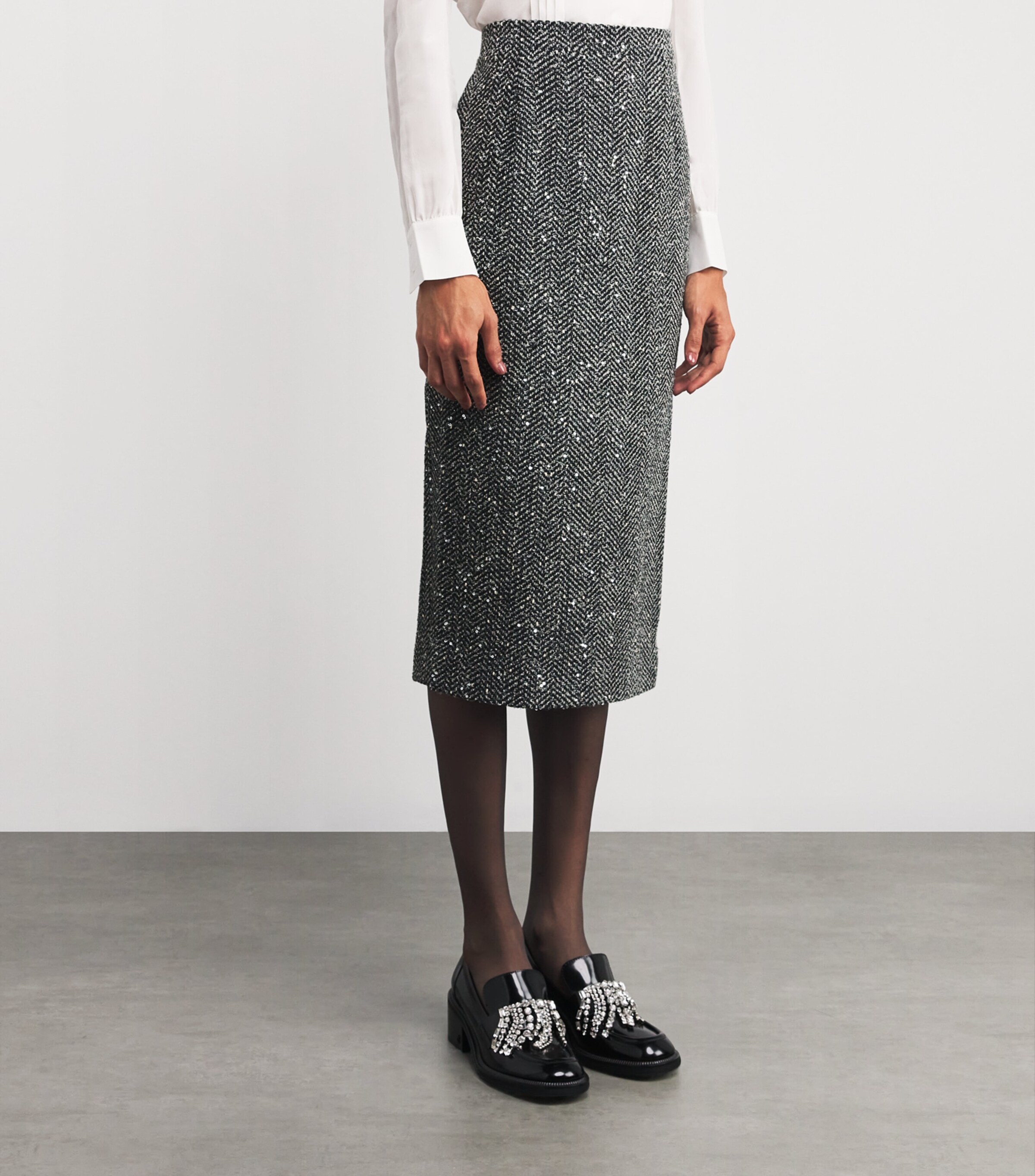 Alessandra Rich Womens Tweed Embellished Midi Pencil Skirt Grey Melange Image 3