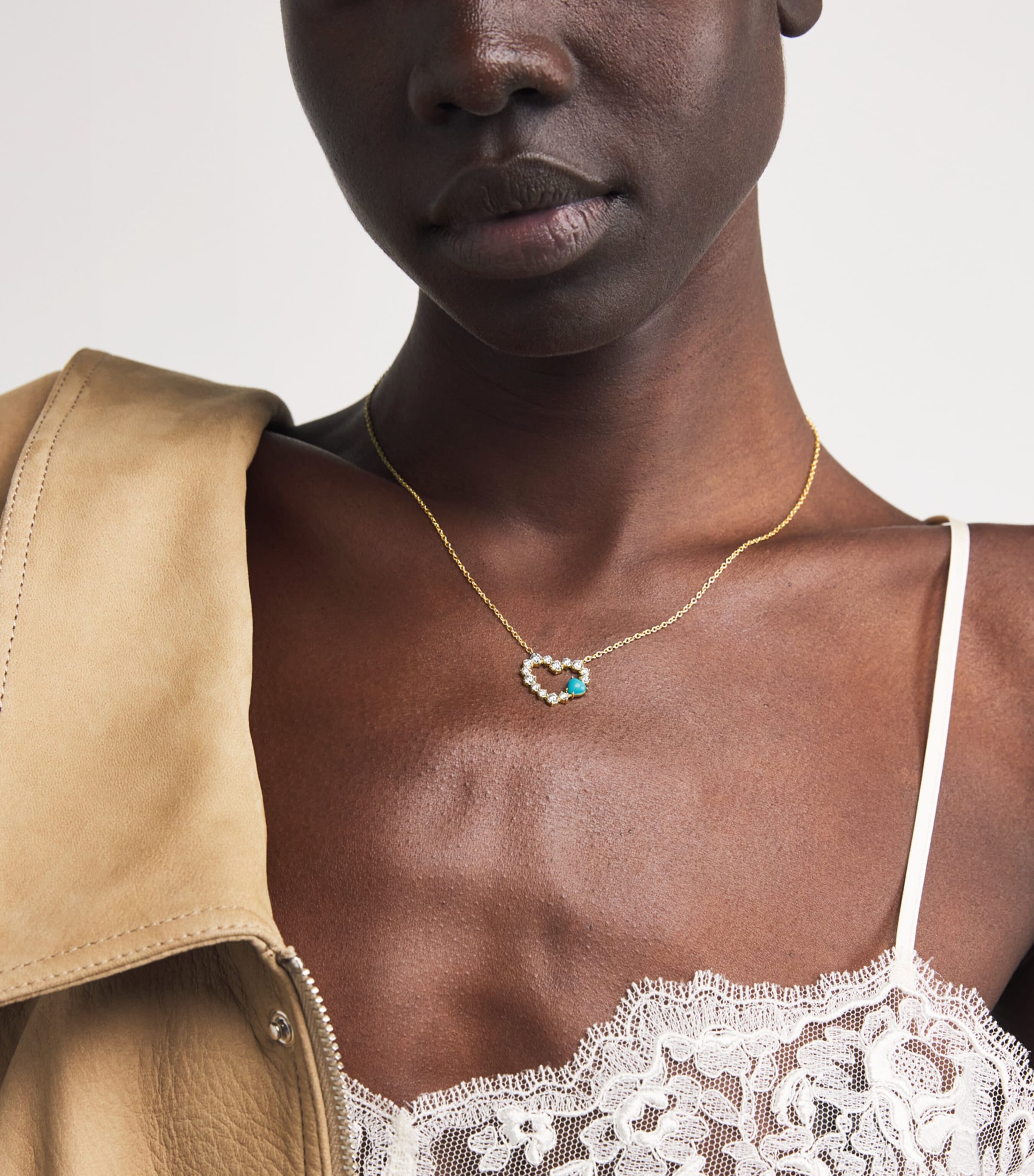 Yellow Gold, Diamond and Turquoise Open Heart Necklace YELLOW GOLD Image 4