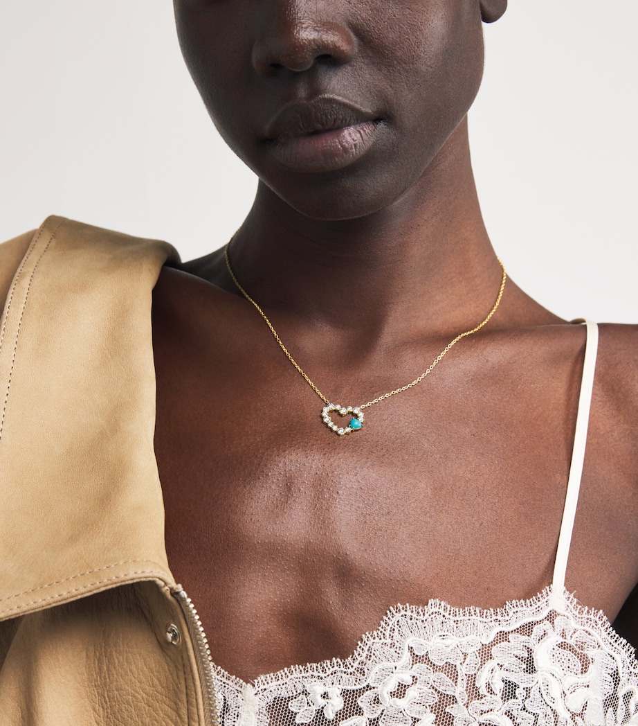 Yellow Gold, Diamond and Turquoise Open Heart Necklace YELLOW GOLD Image 4