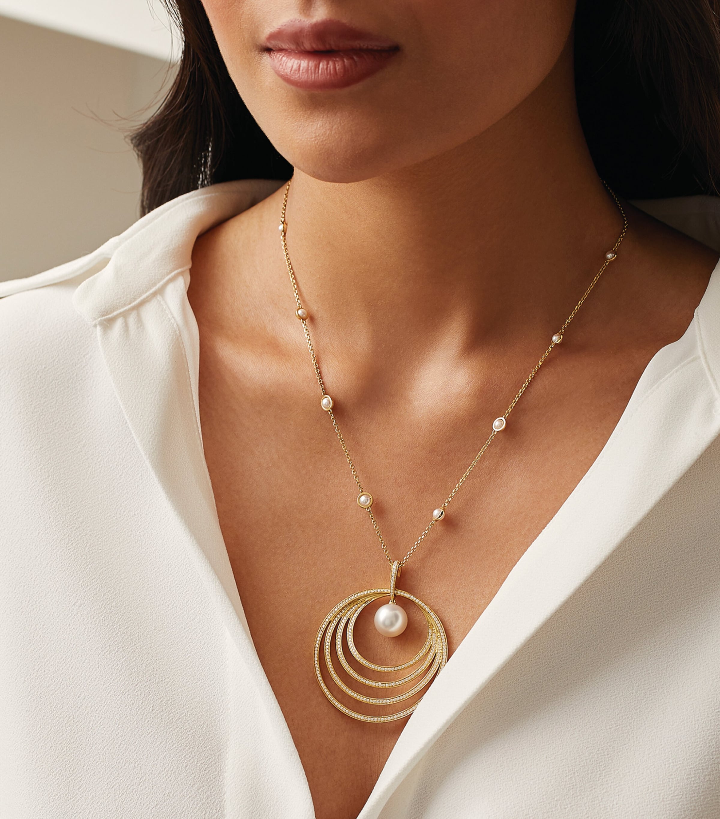 Yellow Gold, Diamond and Pearl Roulette Pendant Necklace YELLOW GOLD Image 3