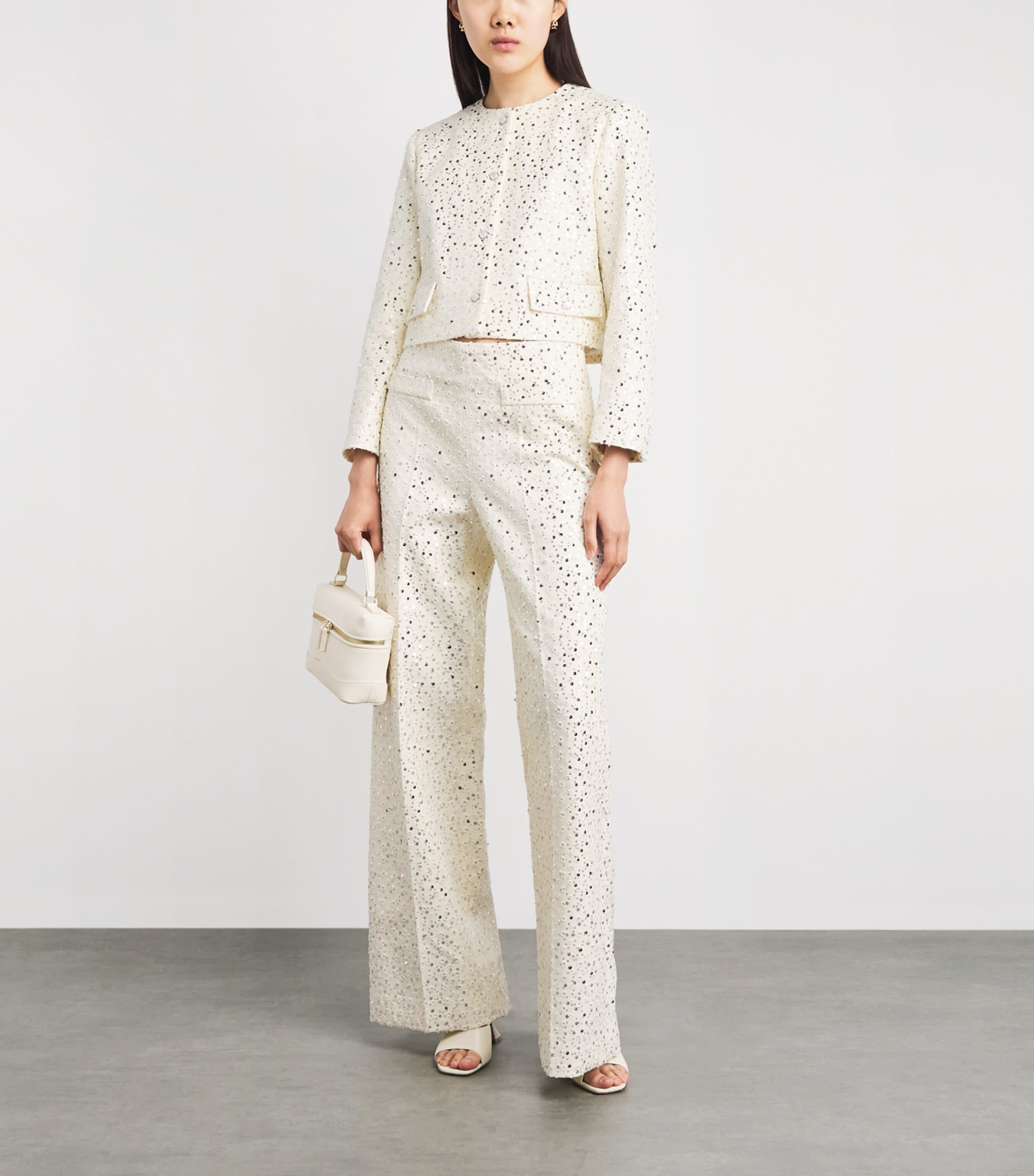 Sandro Paris Womens Cotton-Blend Sequin Straight Trousers Ecru Image 2
