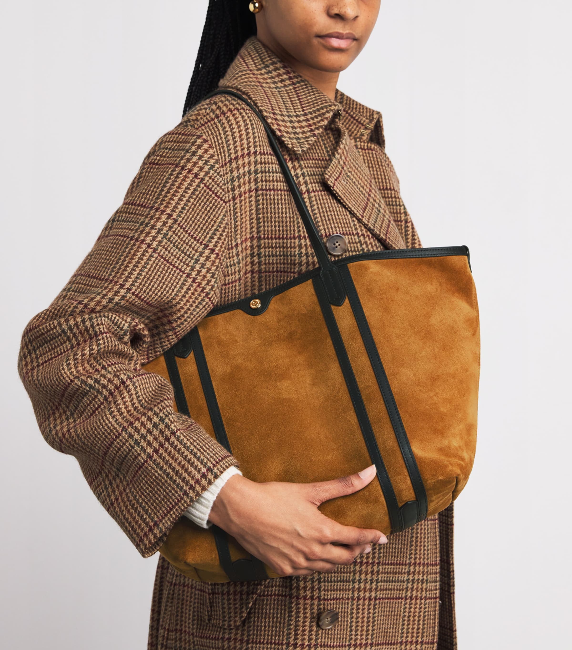 Harrods Suede Leather-Trim Tote Bag Brown Image 2