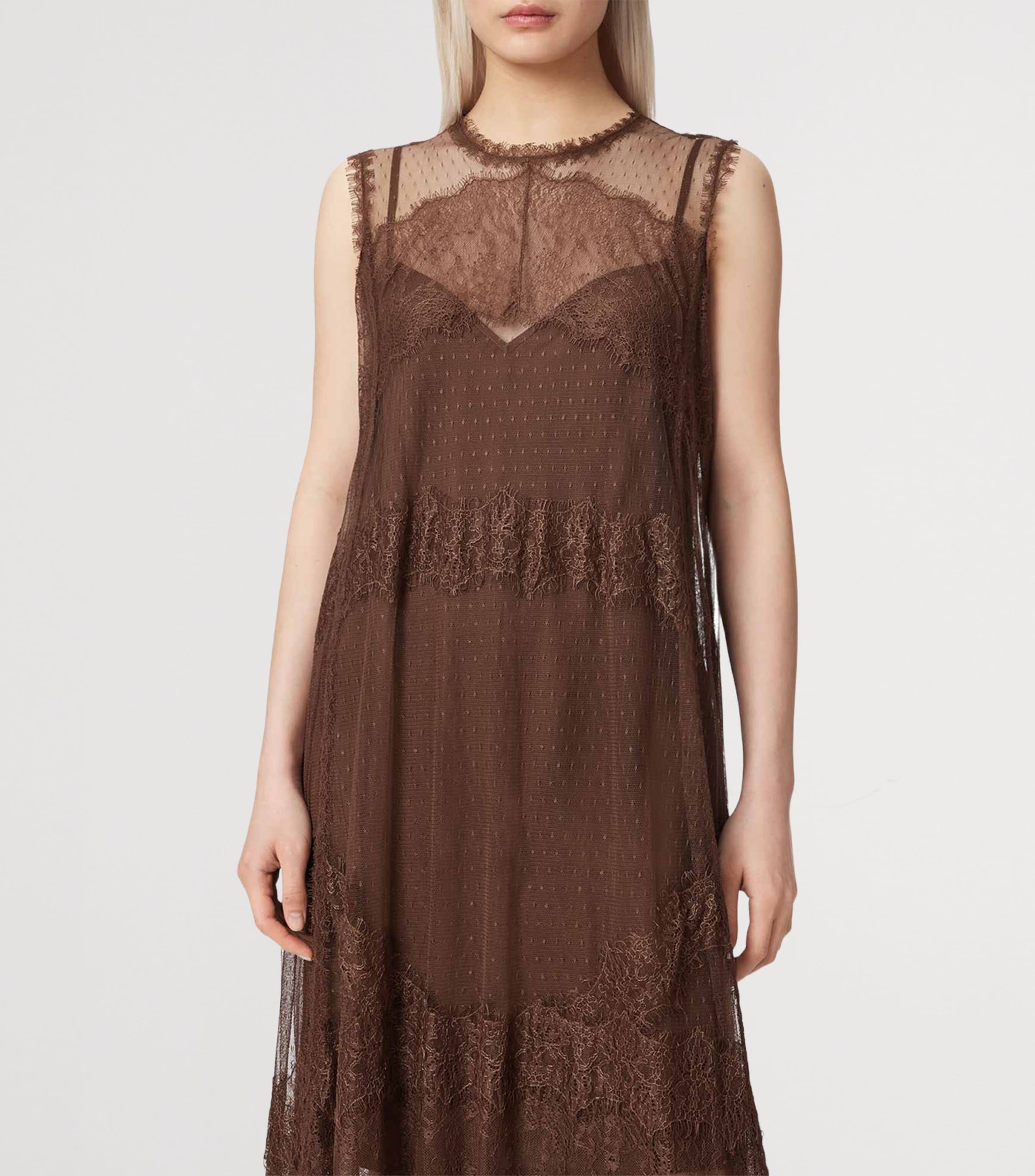 AllSaints Womens Tulle Lace-Trimmed Clara Midi Dress Bitter Brown Image 3
