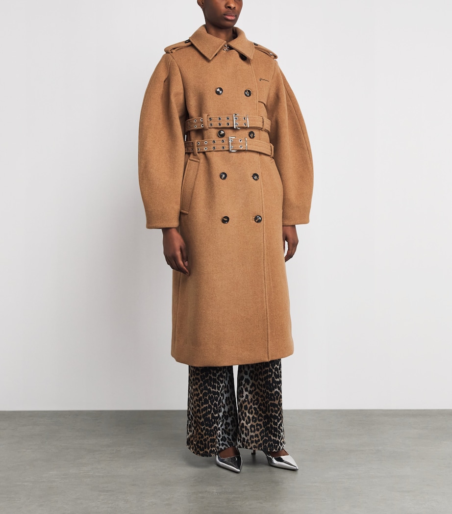 GANNI Womens Wool-Blend Belted Trench Coat Tiger's Eye Image 4