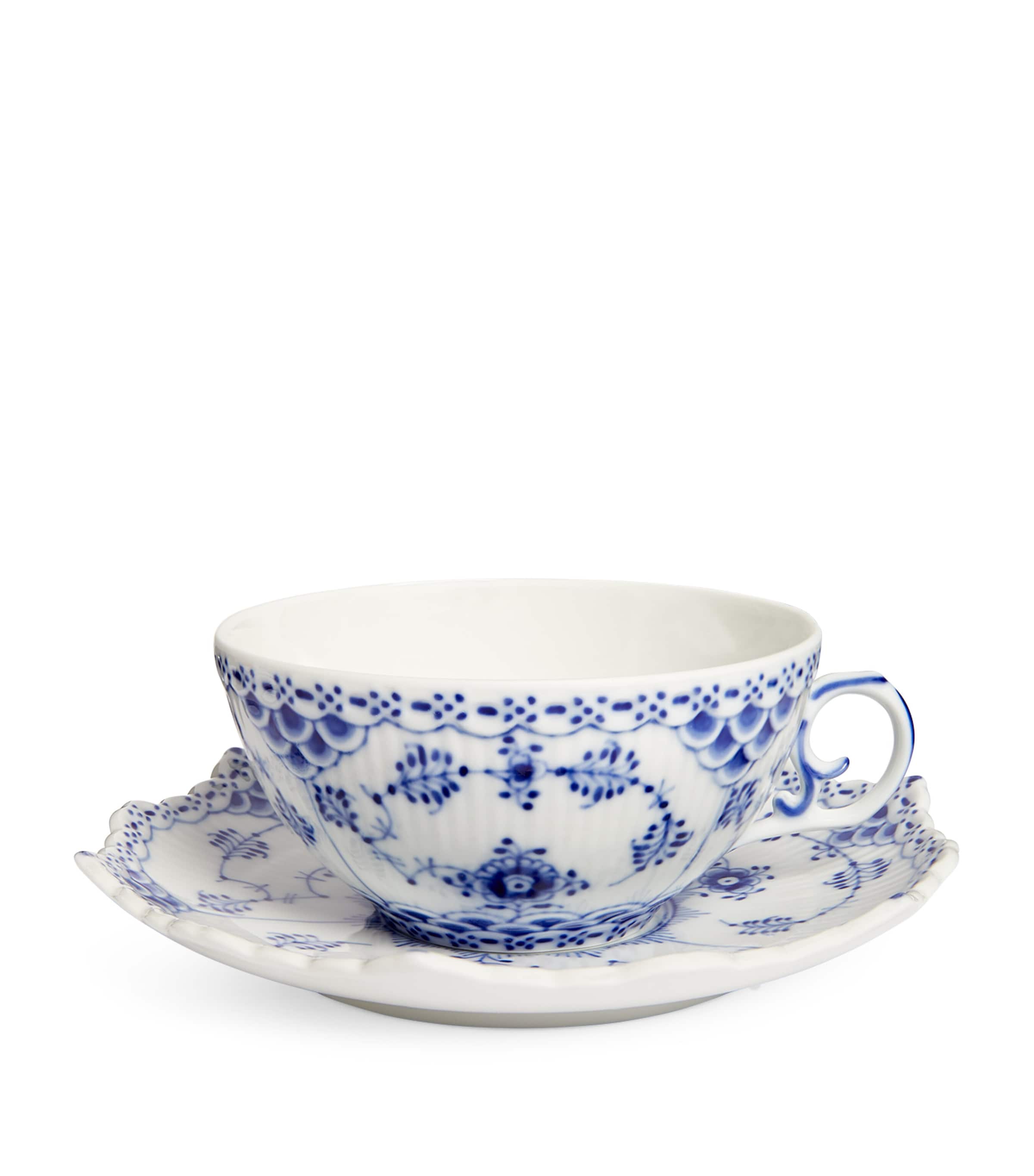 Royal Copenhagen Blue Fluted Full Lace Teacup And Saucer In Blue