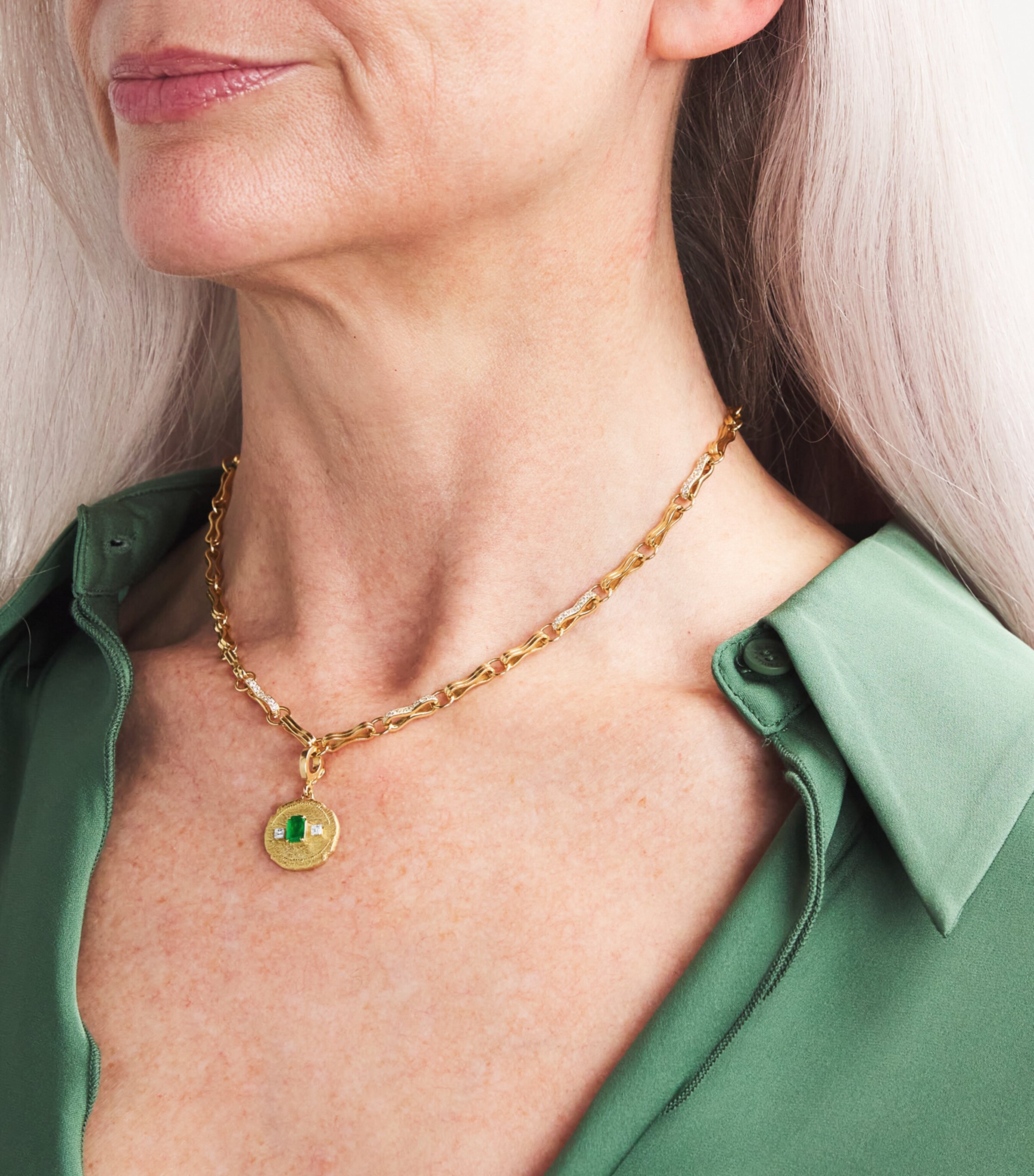 Small Yellow Gold, Diamond and Emerald Trio Coin Charm YELLOW GOLD Image 2