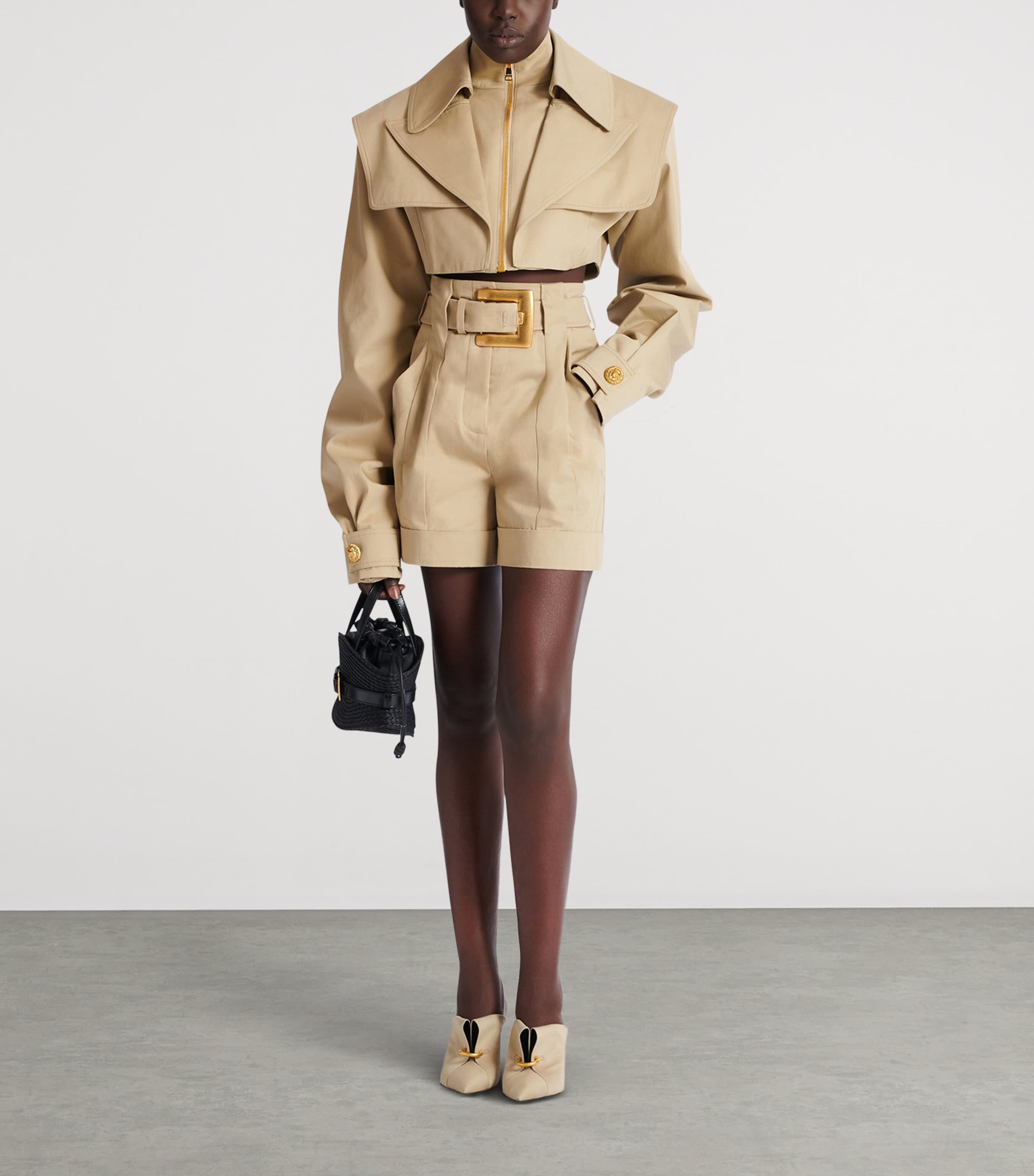 Balmain Womens Cotton Gabardine Belted Shorts Sable Image 3