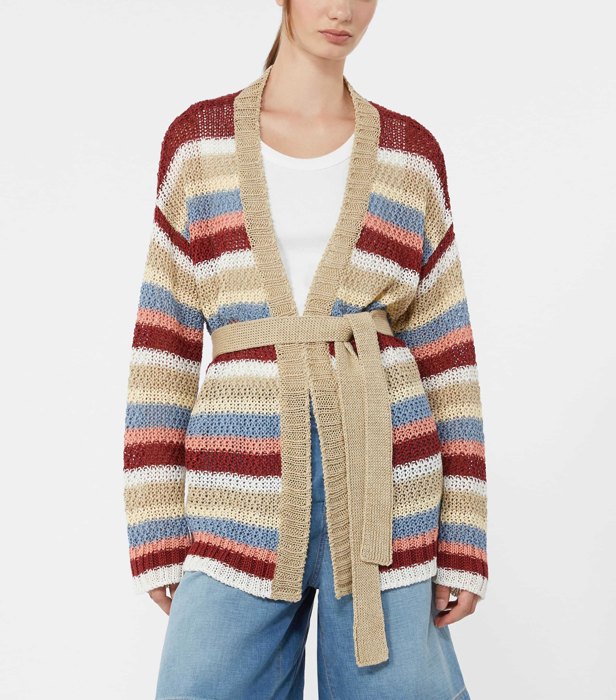 Weekend Max Mara Womens Linen Open-Knit Stripe Cardigan Cherry Image 3