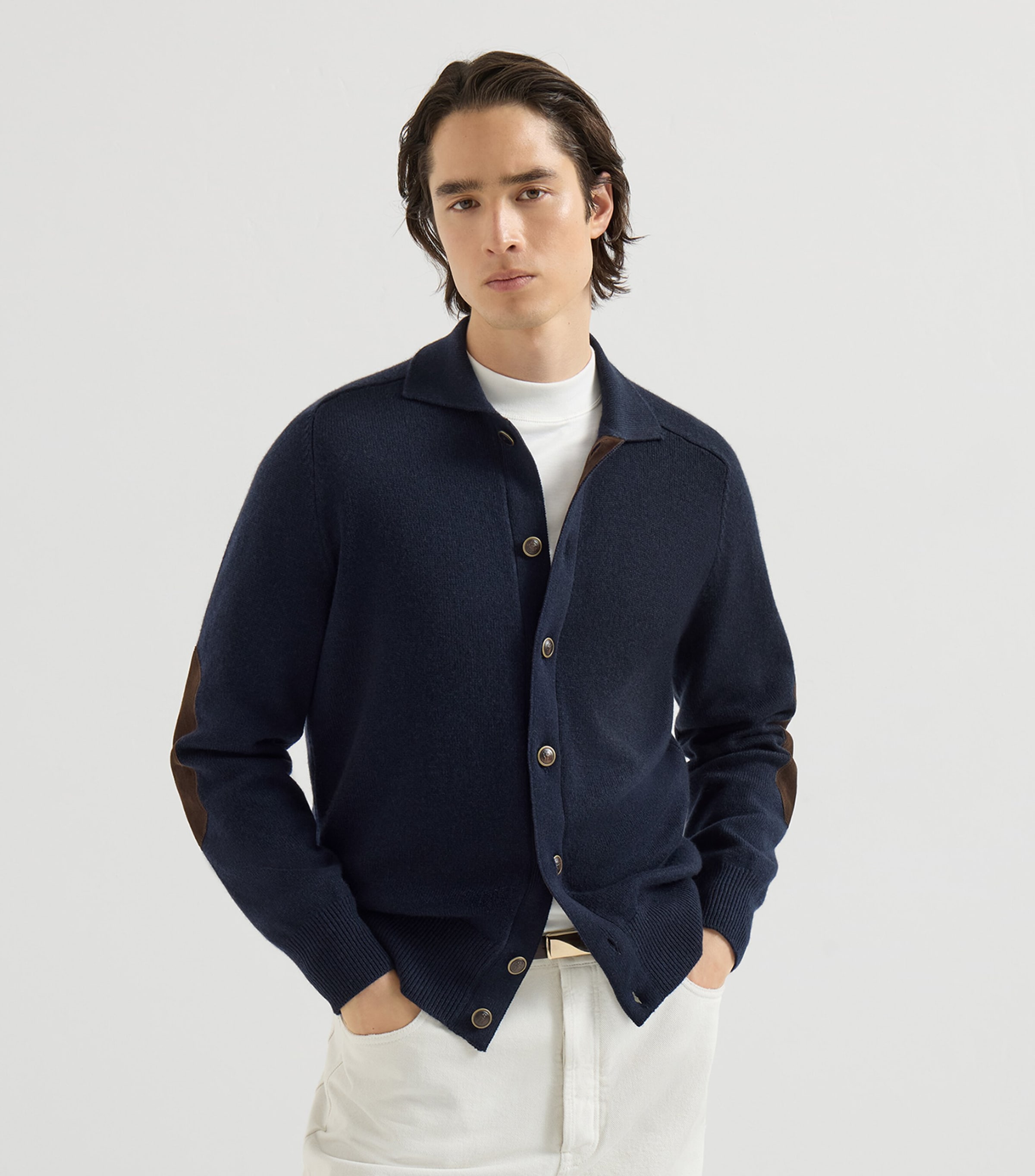 Brunello Cucinelli Mens Cashmere Suede-Trim Cardigan Navy Image 4