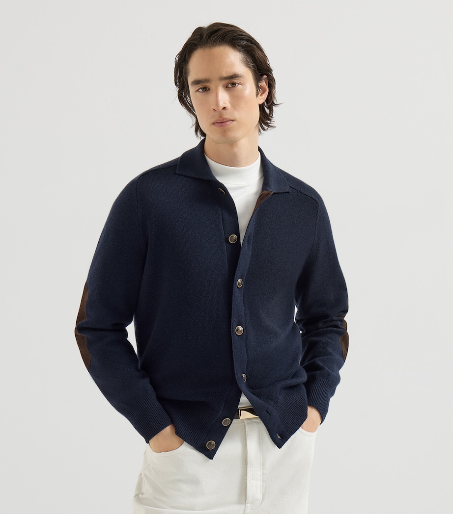 Brunello Cucinelli Mens Cashmere Suede-Trim Cardigan Navy Image 4