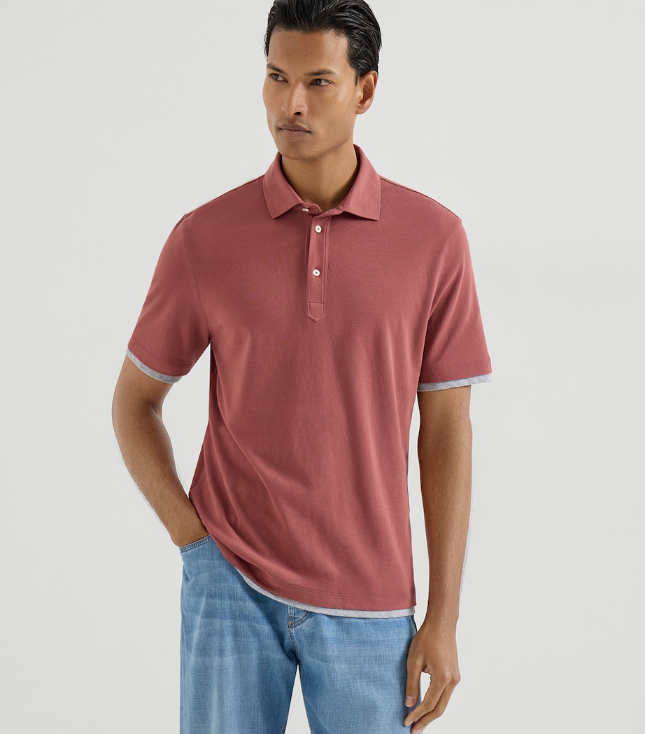 Brunello Cucinelli Mens Cotton Piqué Faux-Layerering Polo Shirt Image 2