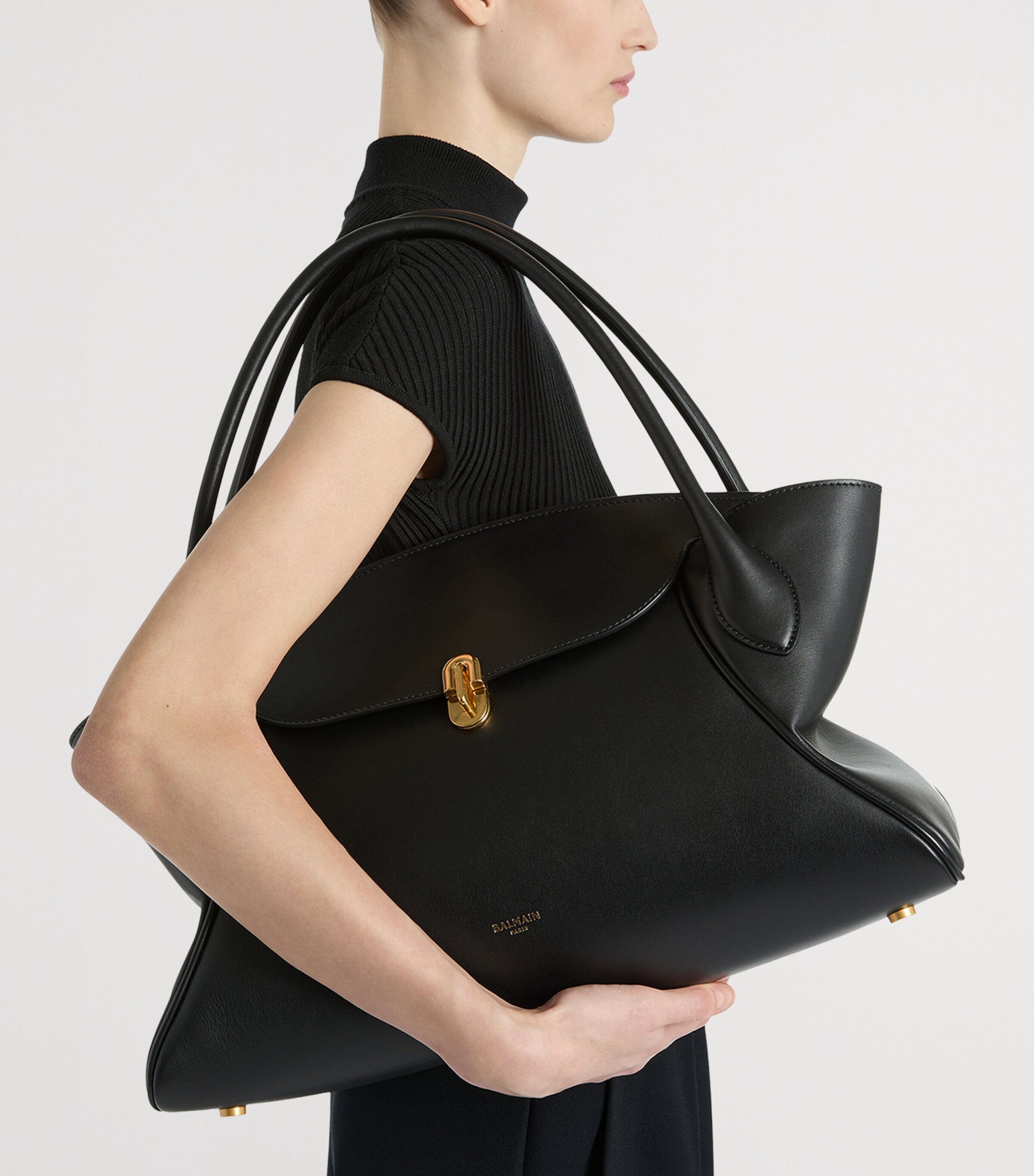 Balmain Womens Medium Leather Pulse Day Top-Handle Bag Noir Image 2