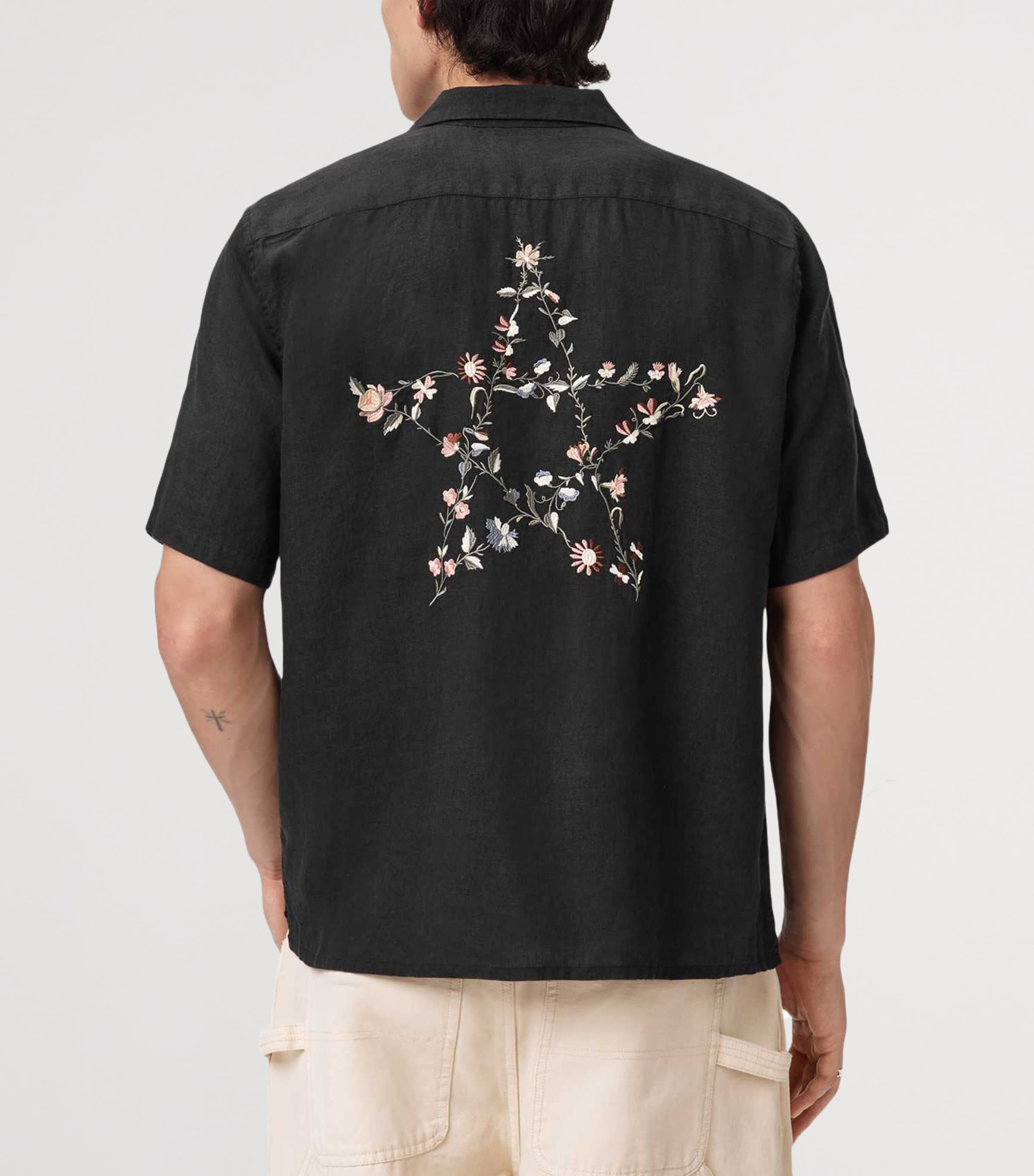 AllSaints Mens Linen Embroidered Wilder Shirt Black Image 5
