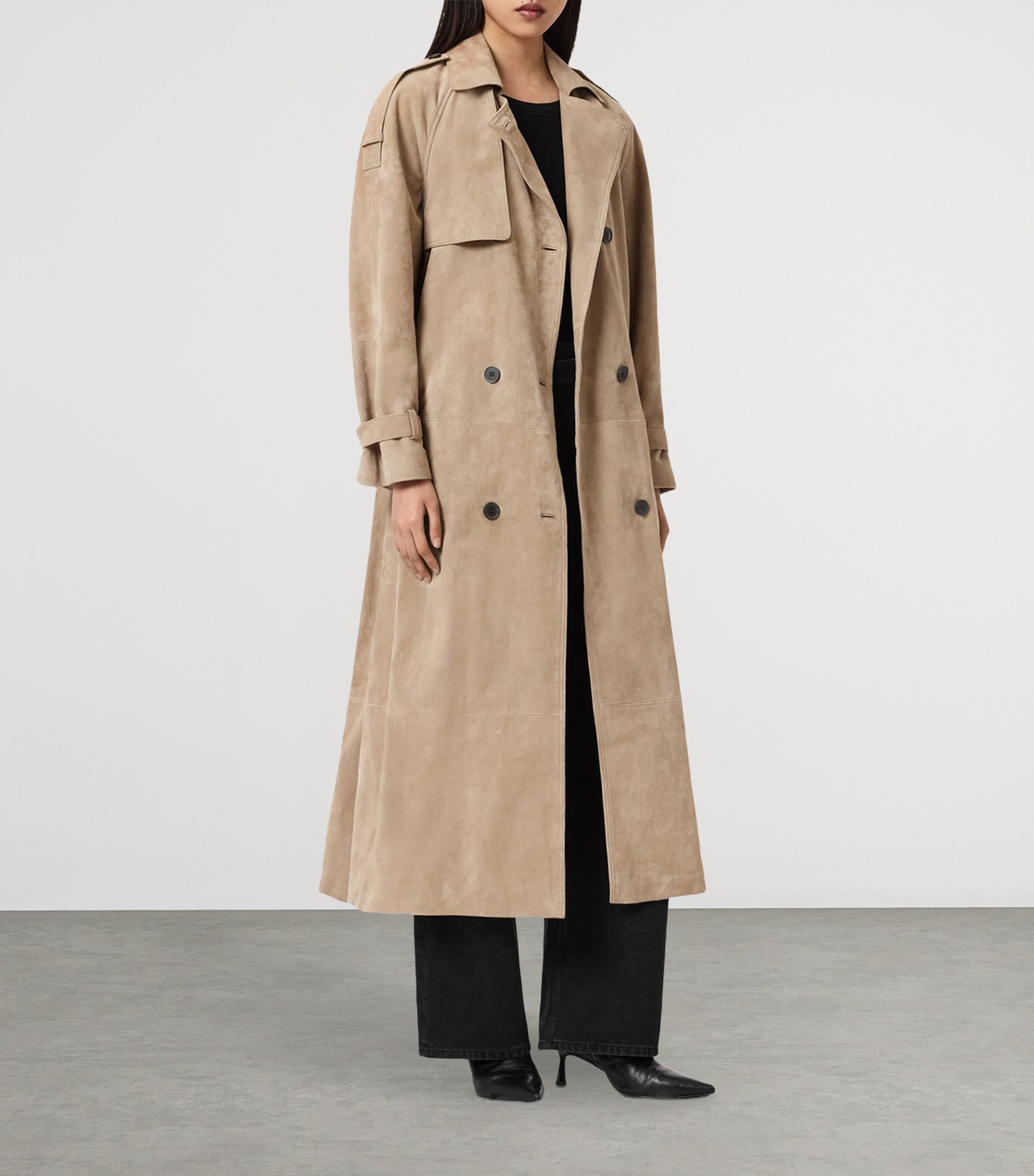AllSaints Womens Suede Reed Trench Coat Taupe Brown Image 10