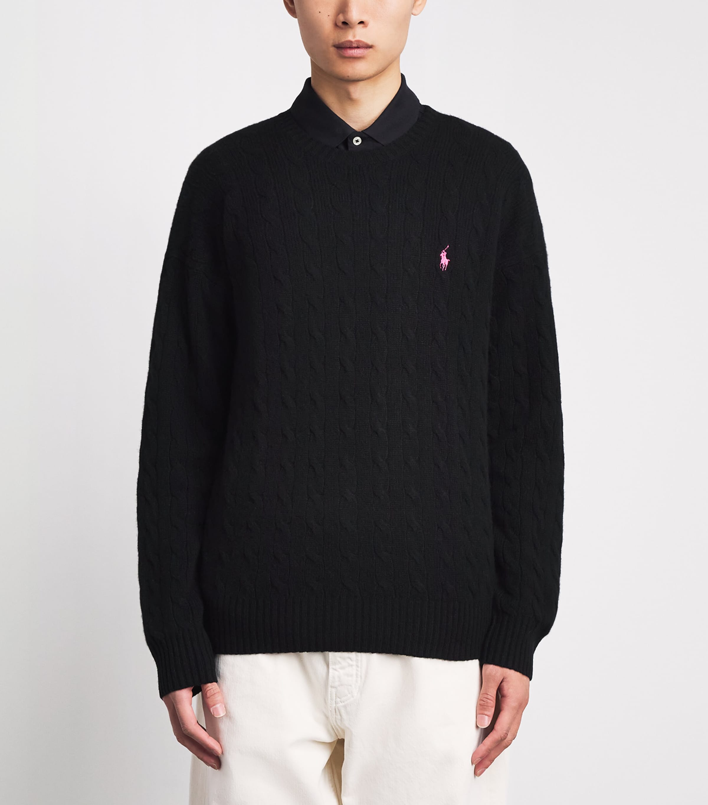 Polo Ralph Lauren Mens Wool-Cashmere Pink Pony Cable-Knit Sweater Polo Black Image 4
