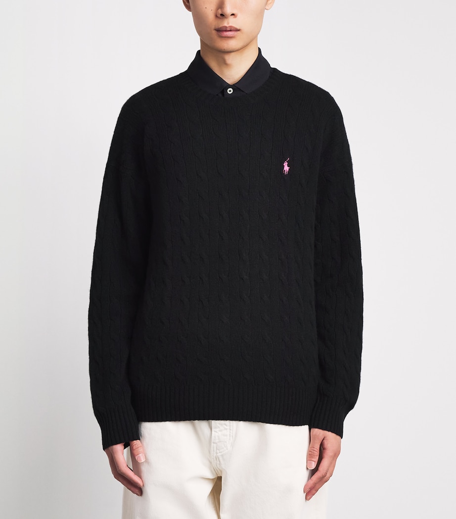 Polo Ralph Lauren Mens Wool-Cashmere Pink Pony Cable-Knit Sweater Polo Black Image 4