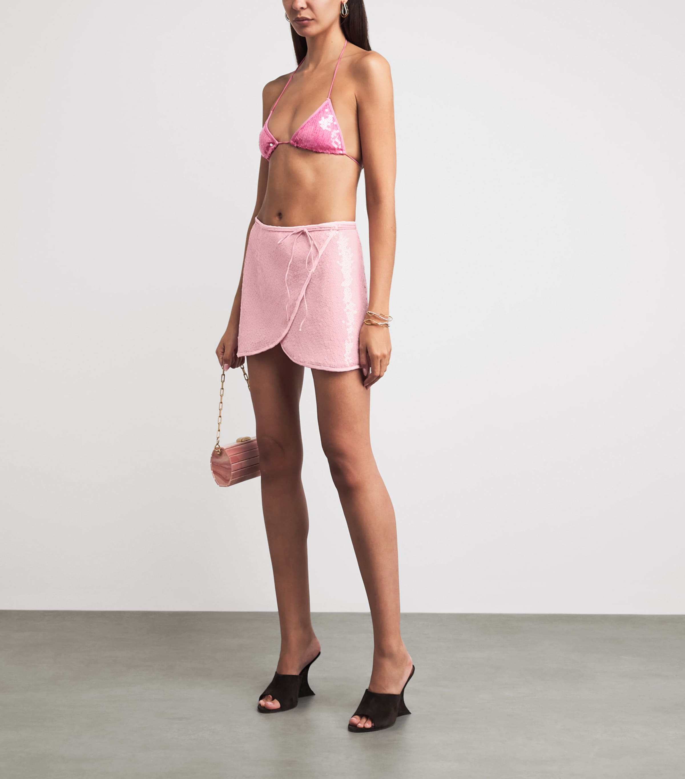Oséree Womens Sequinned Marilyn Mini Skirt Bubble Pink Image 2
