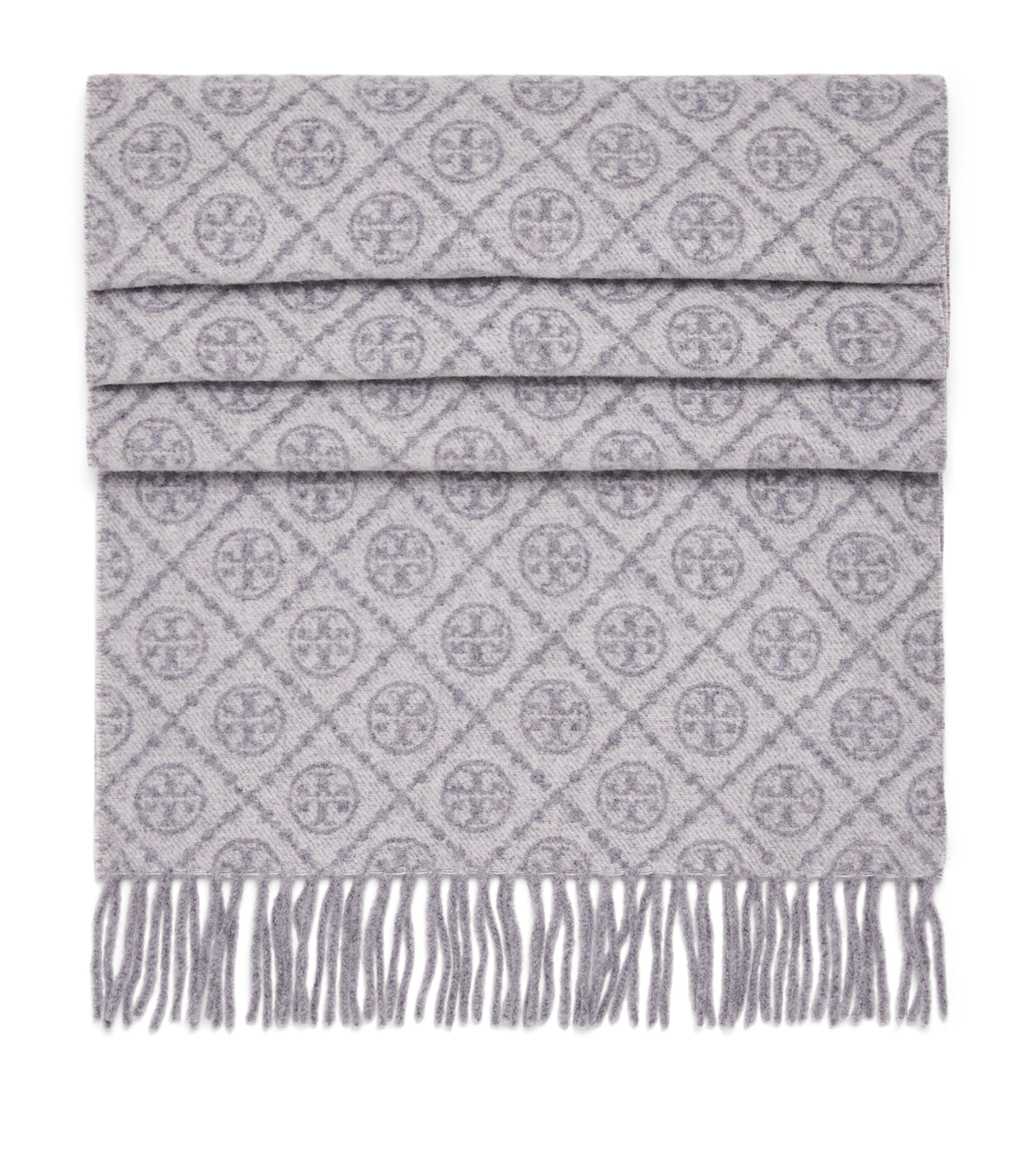 Tory Burch Wool-cashmere Monogram Scarf In Gray