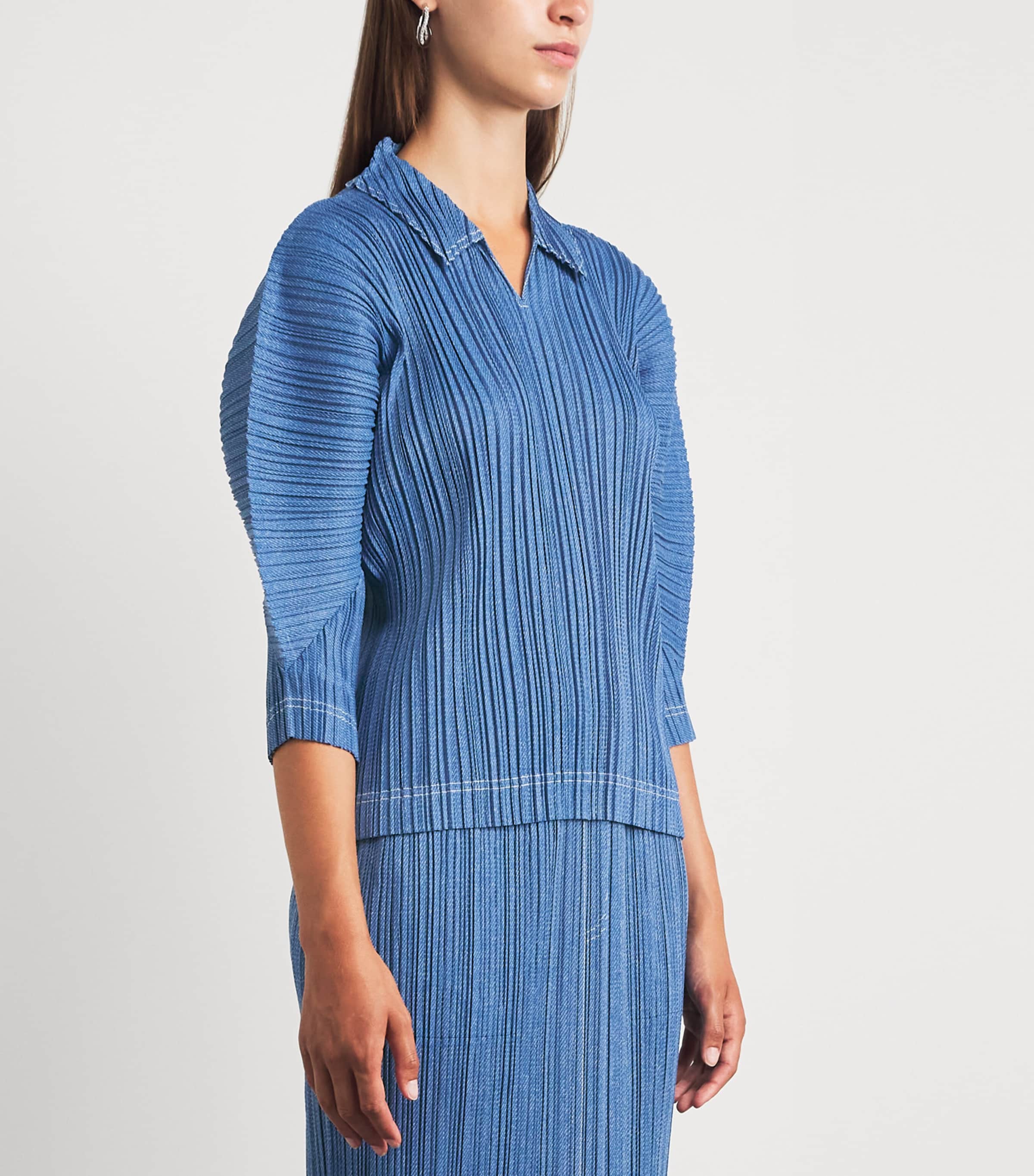 Pleats Please Issey Miyake Blue Cotton Denim Collared Top | Harrods US