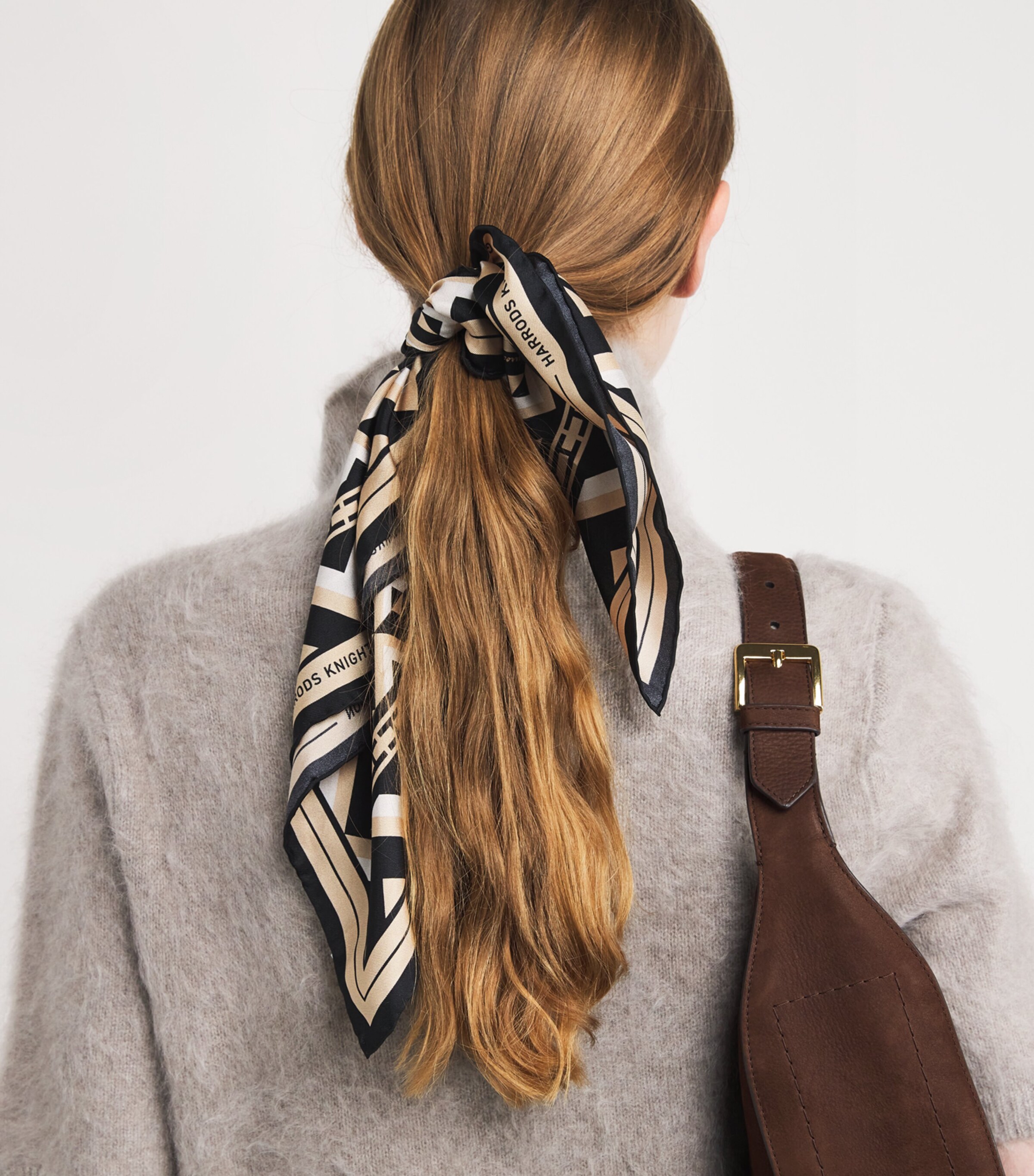 Harrods Silk Geometric Print Square Scarf Neutral Image 3