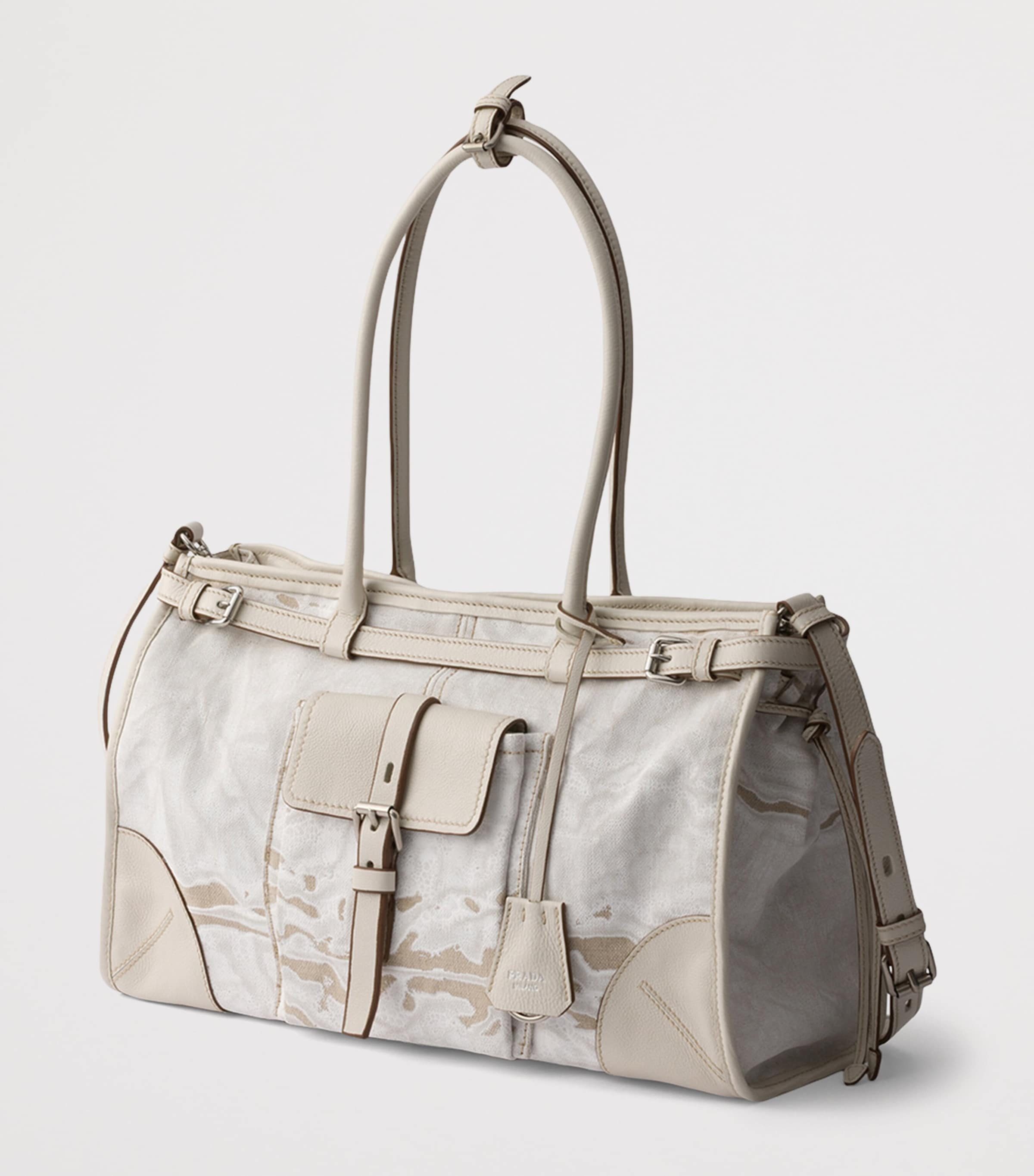 Prada Womens Large Leather and Printed Linen Bonnie Top-Handle Bag White Image 2