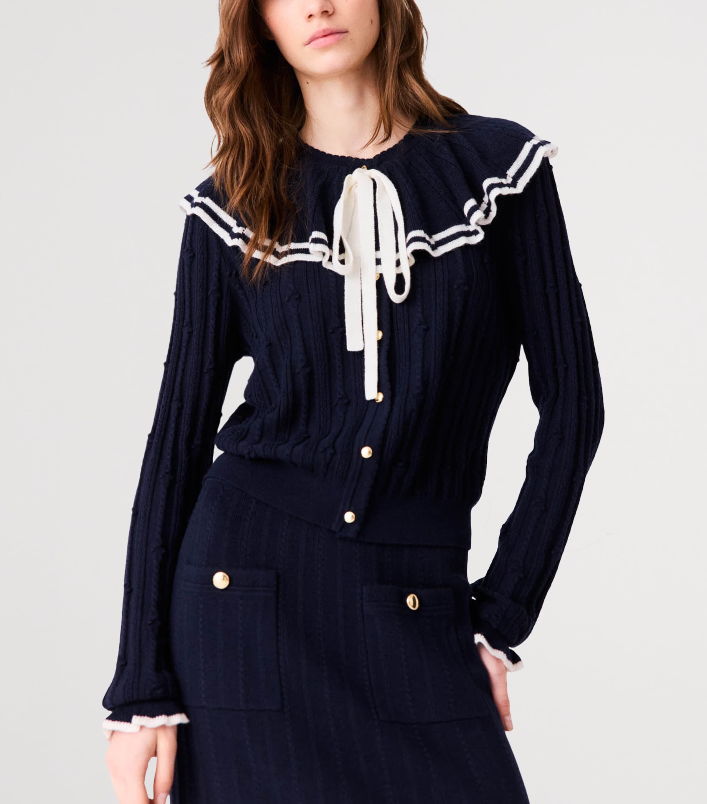 Maje Womens Knitted Ruffle-Collar Cardigan Navy Image 6