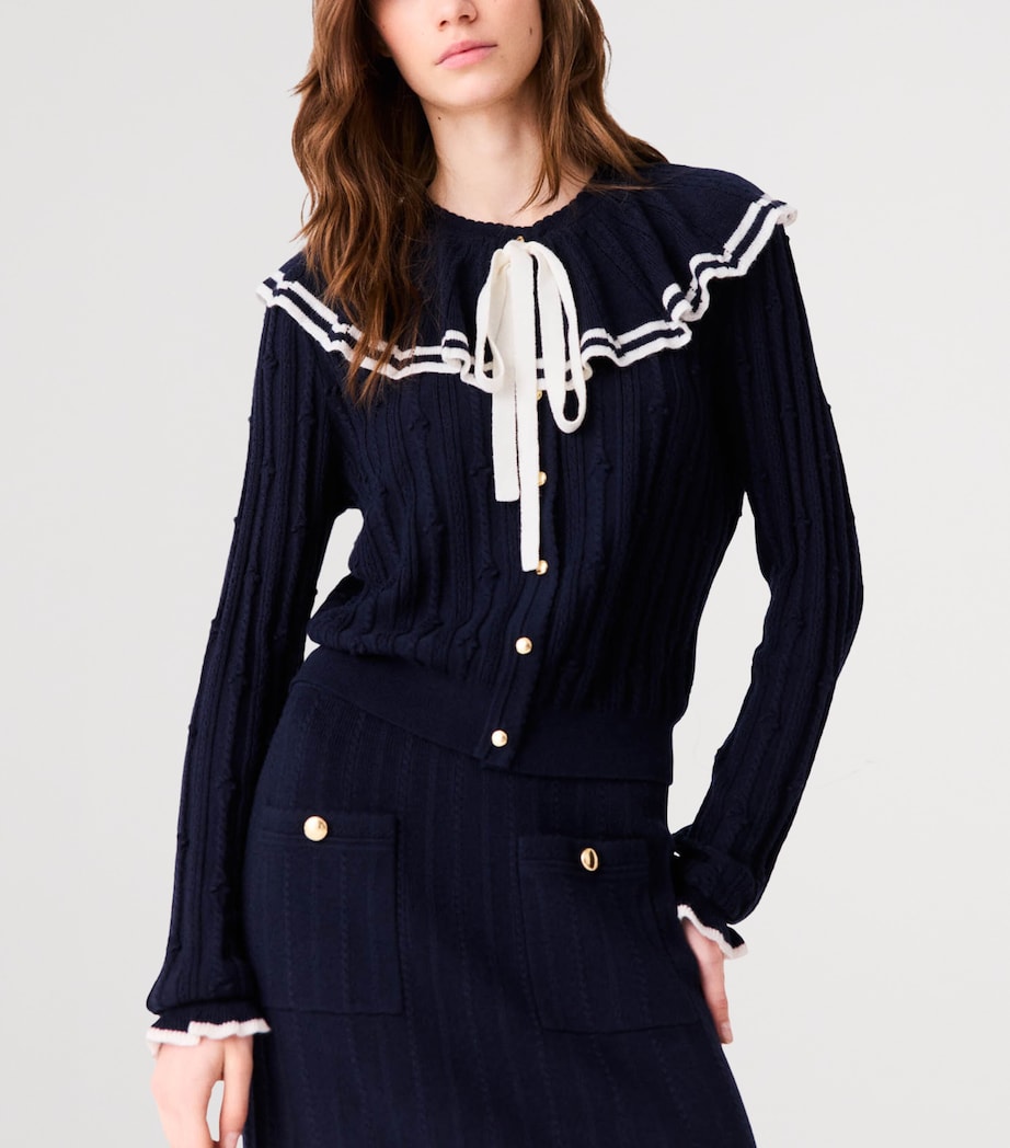 Maje Womens Knitted Ruffle-Collar Cardigan Navy Image 6