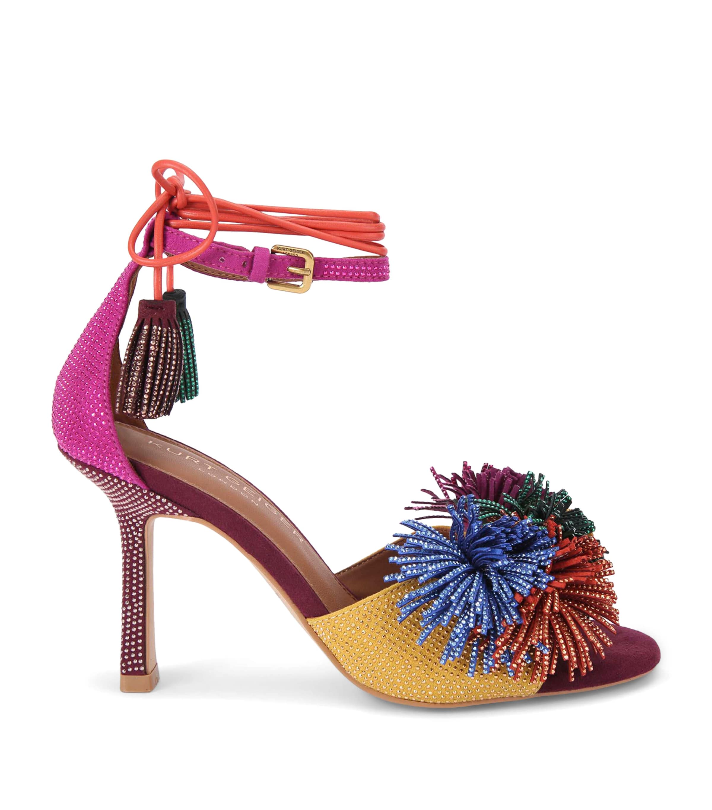 Kurt Geiger London Suede Embellished Pom Pom Sandals Wine Comb Image 1