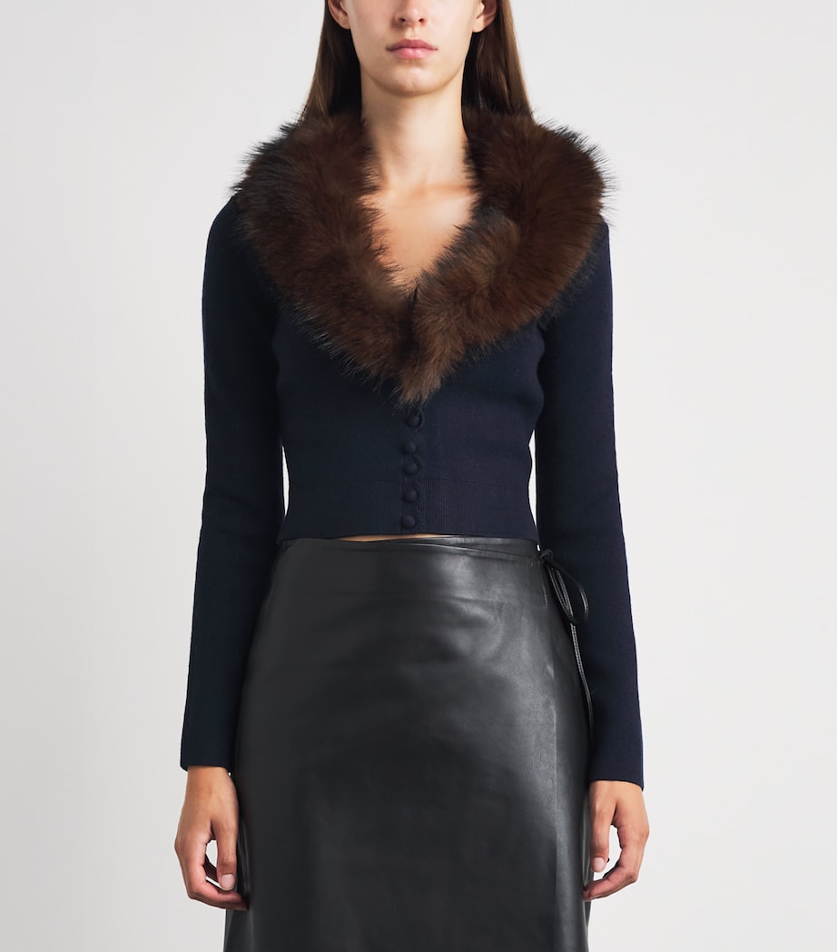 Self-Portrait Womens Cropped Faux Fur-Trim Cardigan Navy Image 4