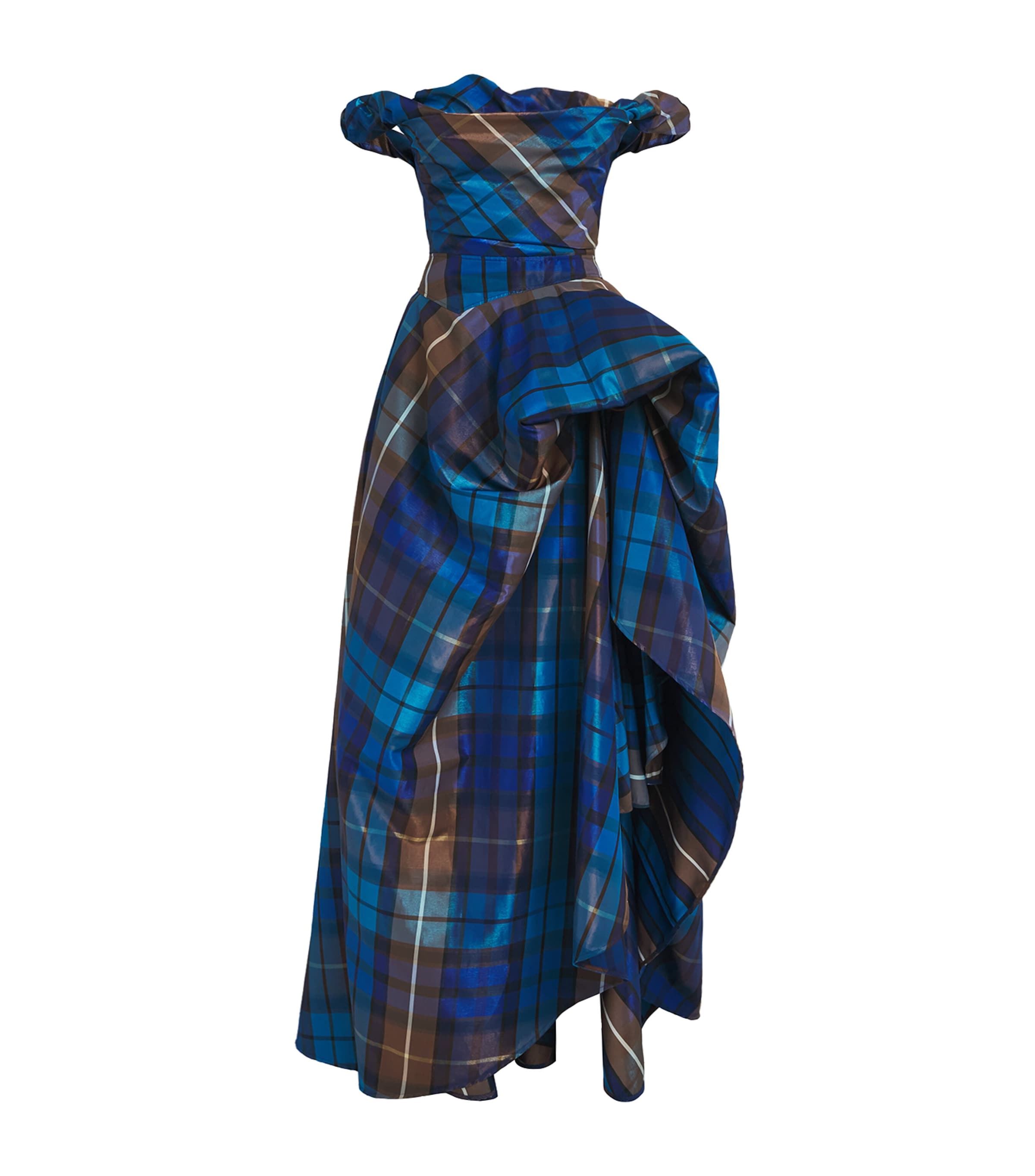 Vivienne Westwood Womens Tartan Off-The-Shoulder Chichi Gown Shny Blue/brown Image 1