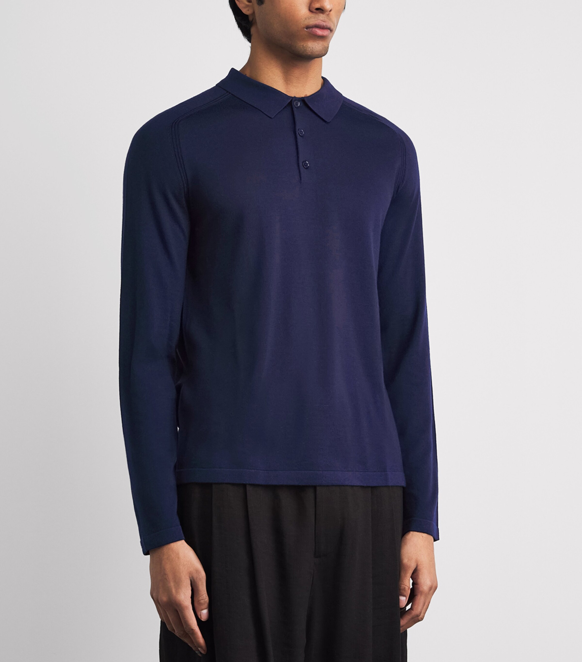 Falke Mens Wool Long-Sleeve Polo Shirt Space Blue Image 4