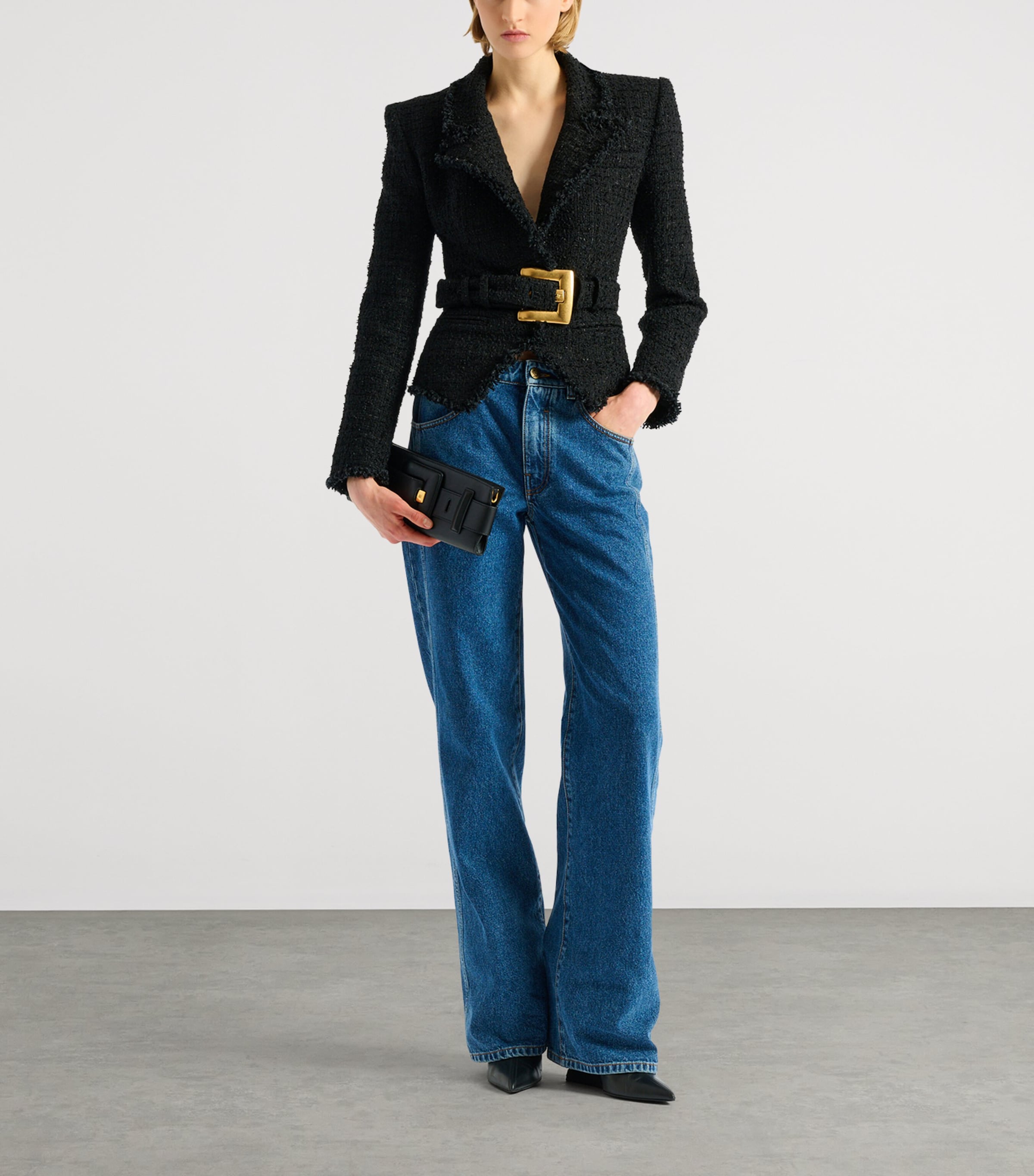 Balmain Womens Tweed Belted Blazer Noir Image 2