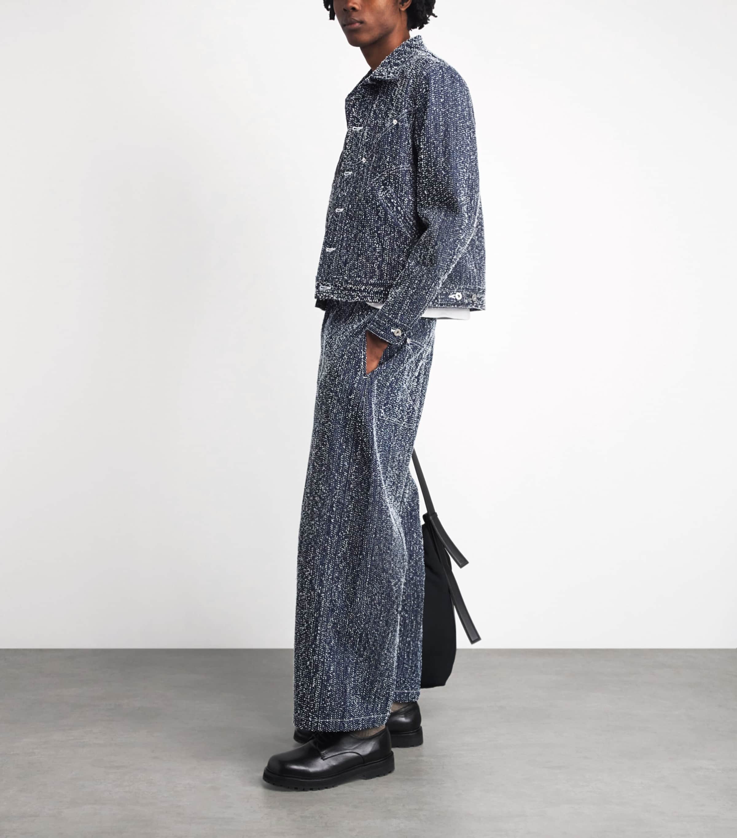 Sage Nation Mens Denim Speckled Box-Pleat Trousers Snow Nep Image 2