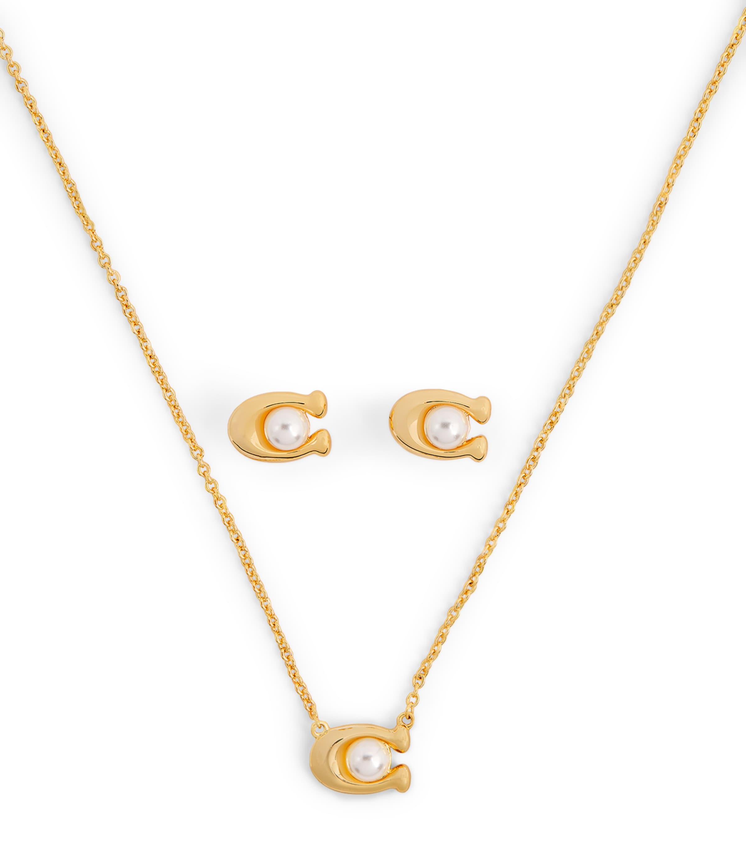 Coach Pearlescent Bead Signature Necklace And Earrings Set In Gold