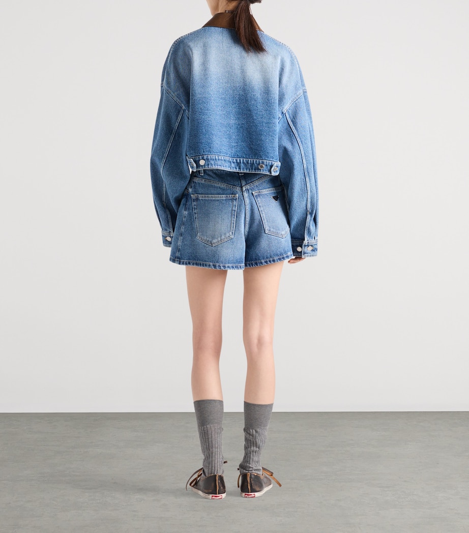 Leather-Collar Cropped Denim Jacket F0V3N Image 5